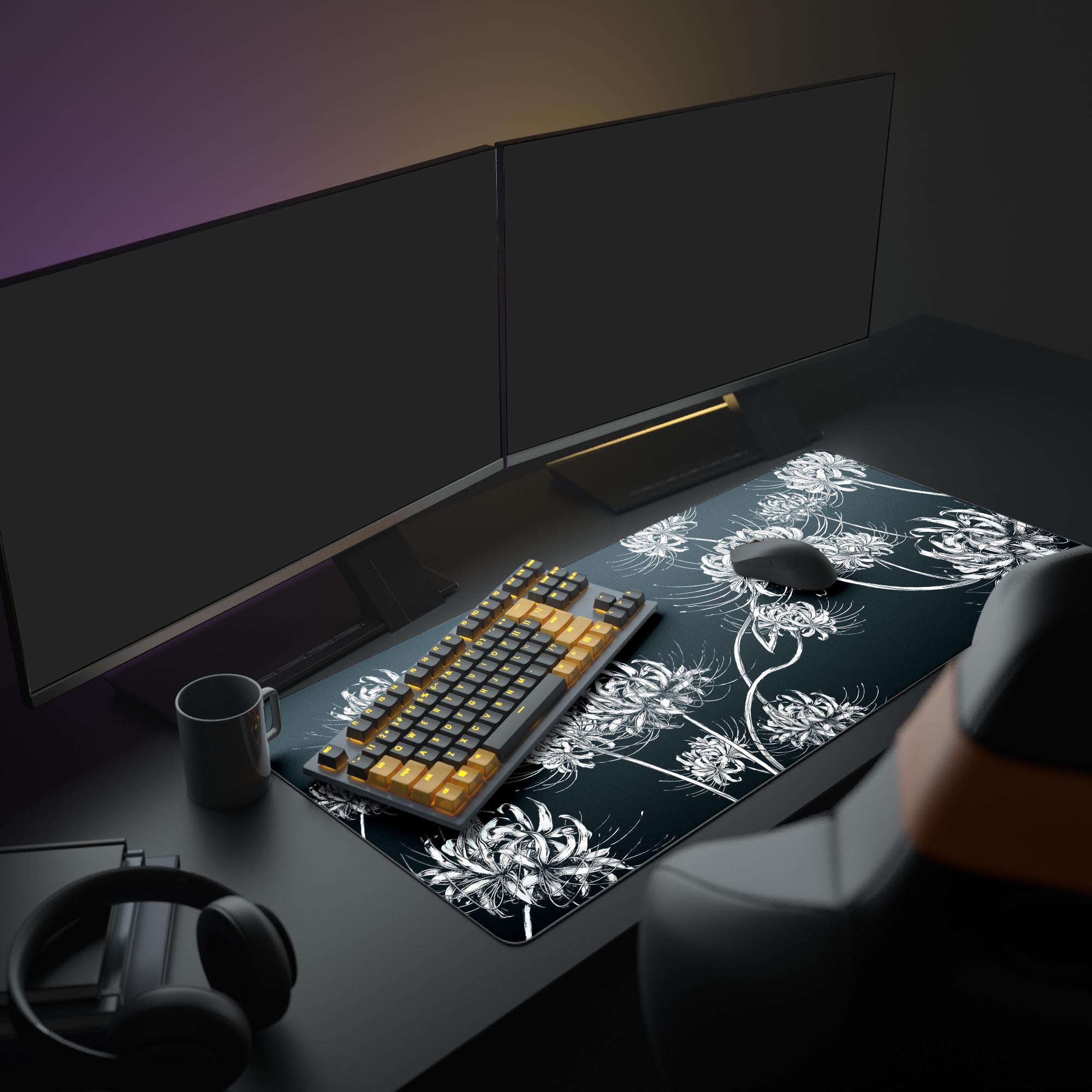 Close-up of intricate white lycoris radiata ink drawing on a gaming mouse pad