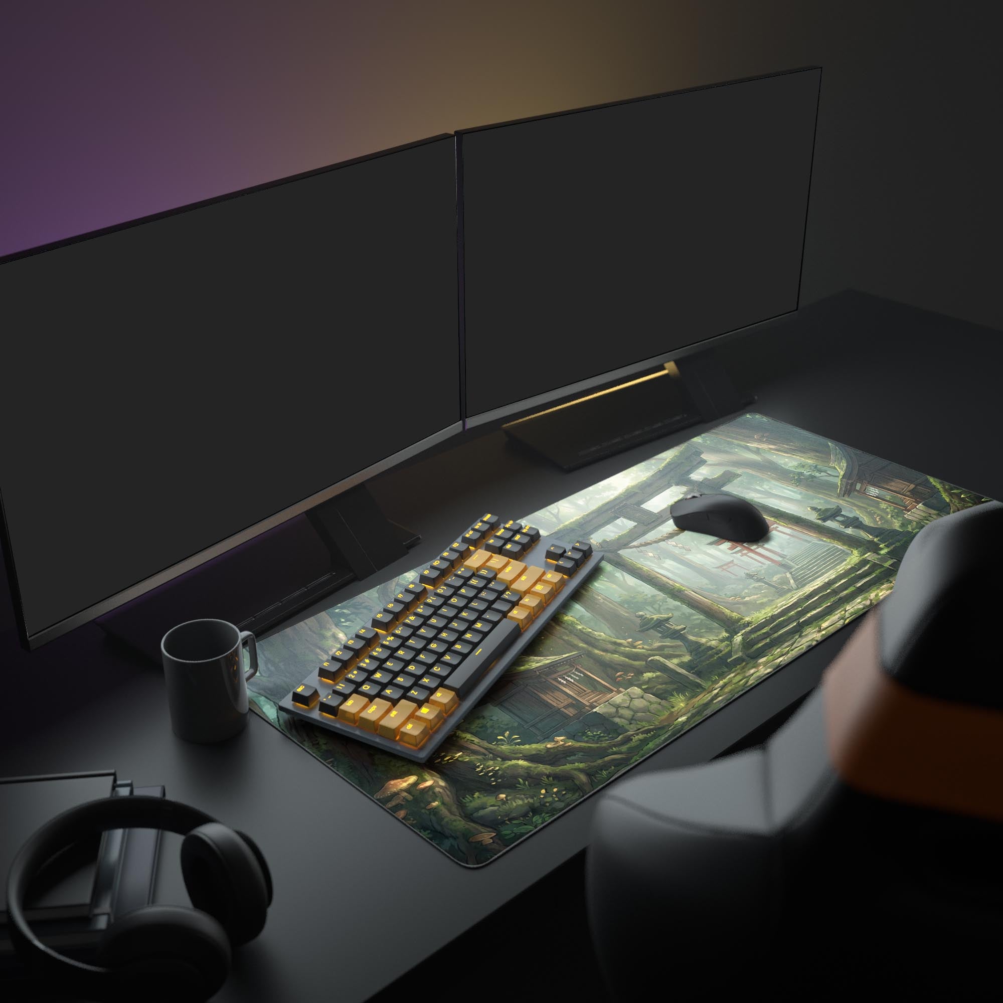 A complete PC setup featuring the Spirit Forest mouse pad, creating a tranquil Japanese aesthetic with multiple monitors and a glowing keyboard. - Epic Design Pads & Mousepads