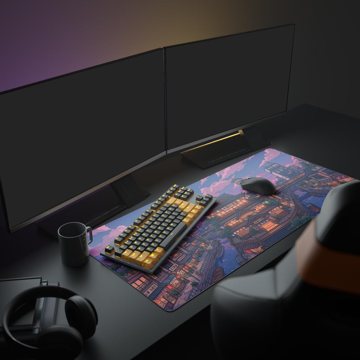 The Spirit River Town gaming desk mat shown in a full desk setup, providing a large, aesthetic surface for a monitor, glowing keyboard, and mouse under its serene purple sky design. - Epic Design Pads & Mousepads