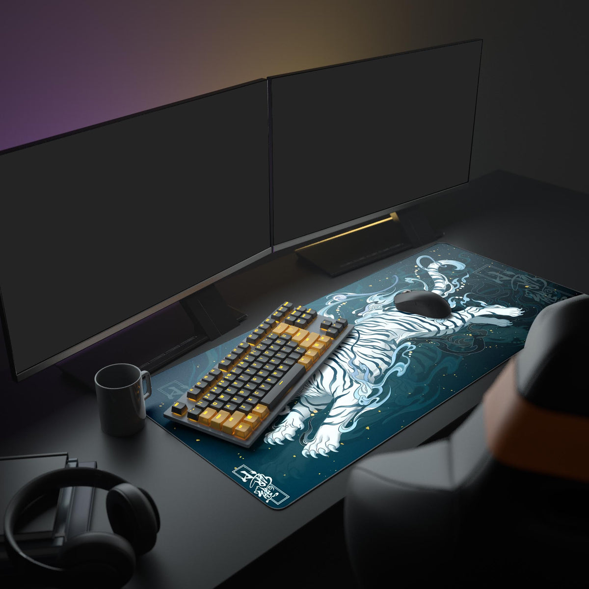 Large Spirit Tiger gaming desk mat in an aesthetic desk setup with dual monitors, a mechanical keyboard, and headphones. - Epic Design Pads & Mousepads