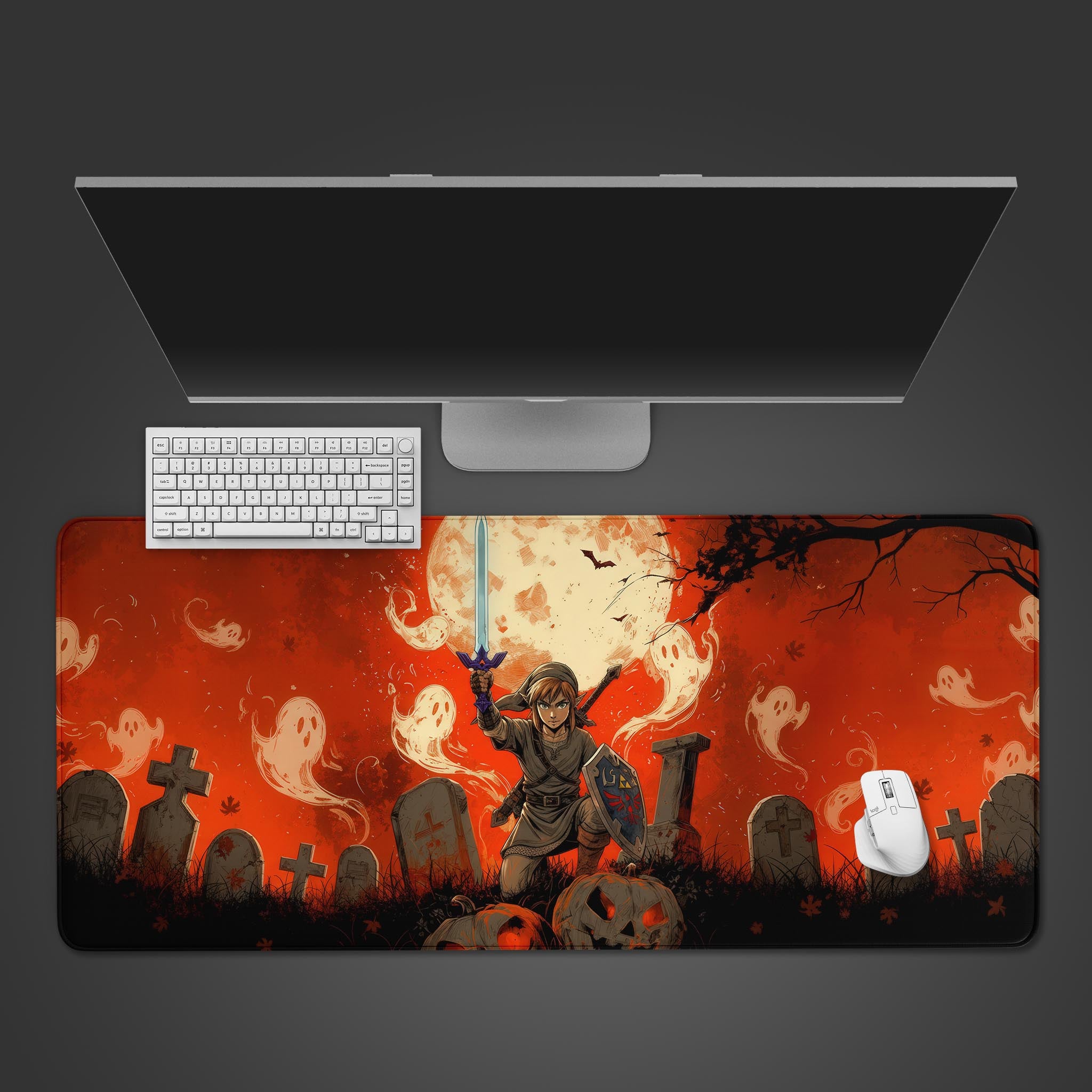 Spirit Warrior fantasy desk mat with Hylian-inspired hero design, spooky graveyard, and large moon – top-down desktop view with keyboard and gaming mouse. - Epic Design Pads