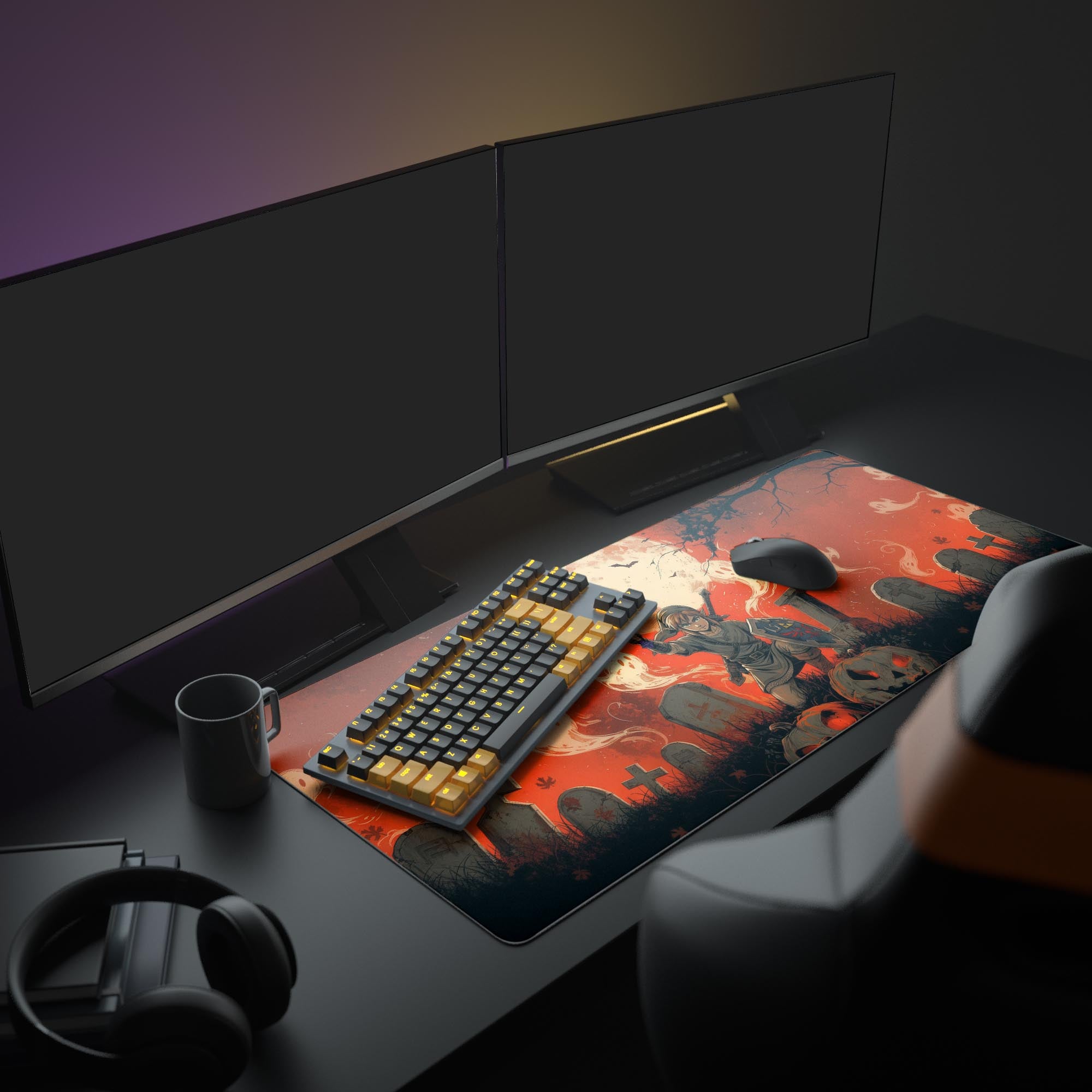 Large Spirit Warrior gaming desk mat in a spooky fantasy setup with dual monitors, mechanical keyboard, and headphones. - Epic Design Pads