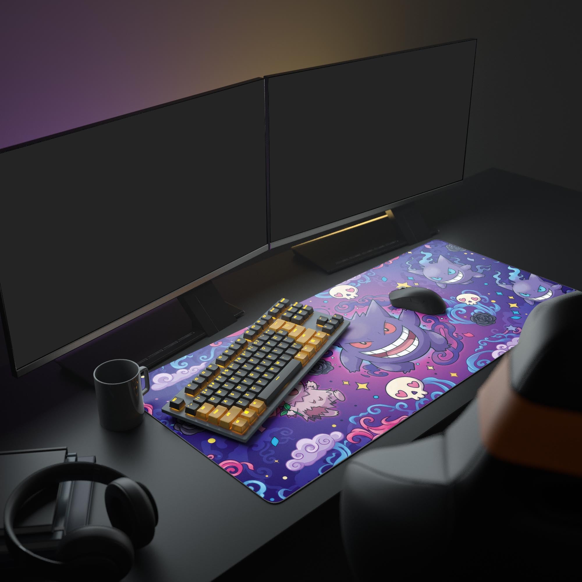 Large Ghost Pokemon gaming mouse pad featuring Gengar in a full gaming setup with dual monitors and RGB lighting. - Epic Design Pads
