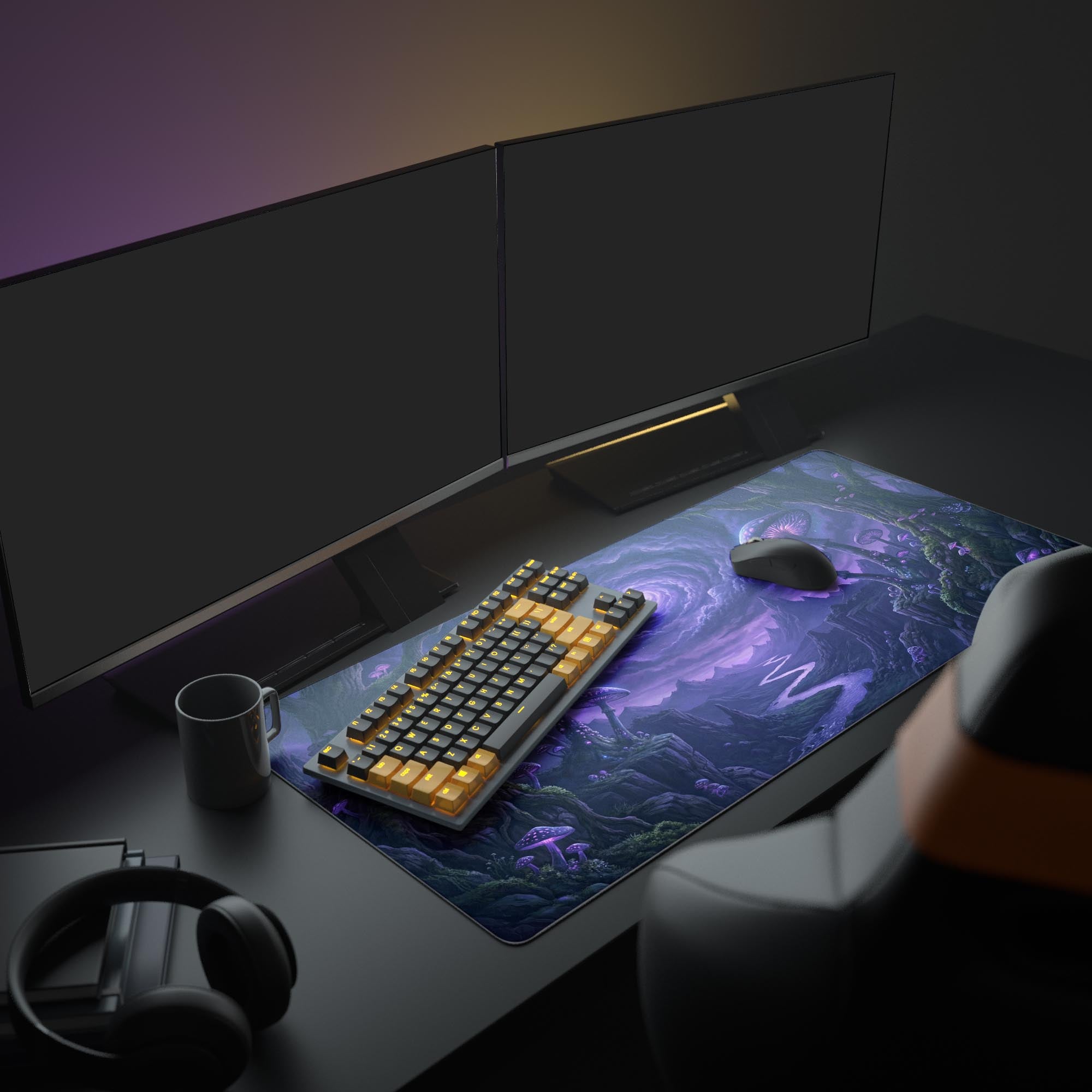 A full gaming setup featuring the Spore Horizon XL mouse pad, showcasing its trippy purple mushroom art under a large monitor and keyboard. - Epic Design Pads & Mousepads