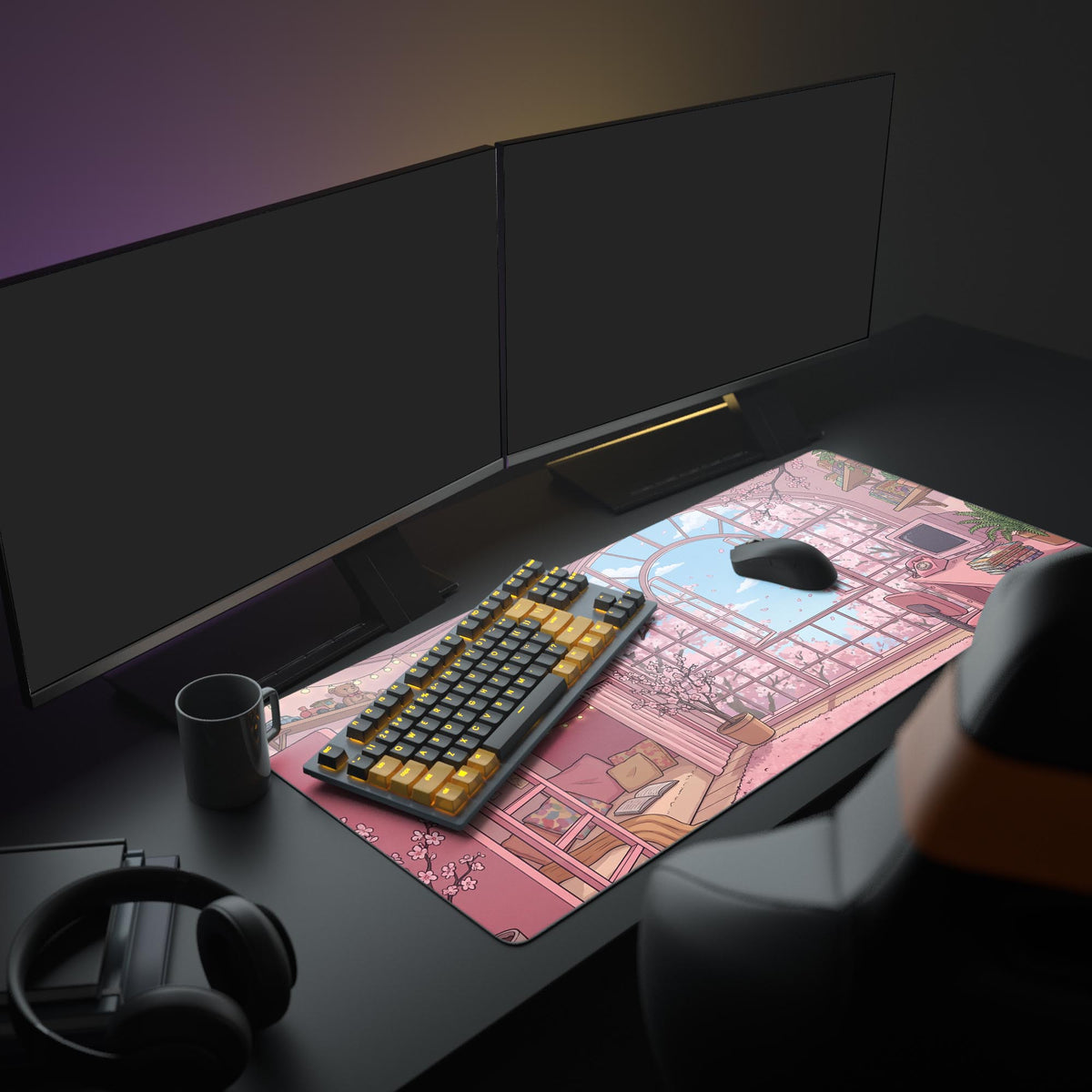 Large Spring Loft anime desk mat shown in a cozy desk setup with a monitor, keyboard, and plants. - Epic Design Pads & Mousepads