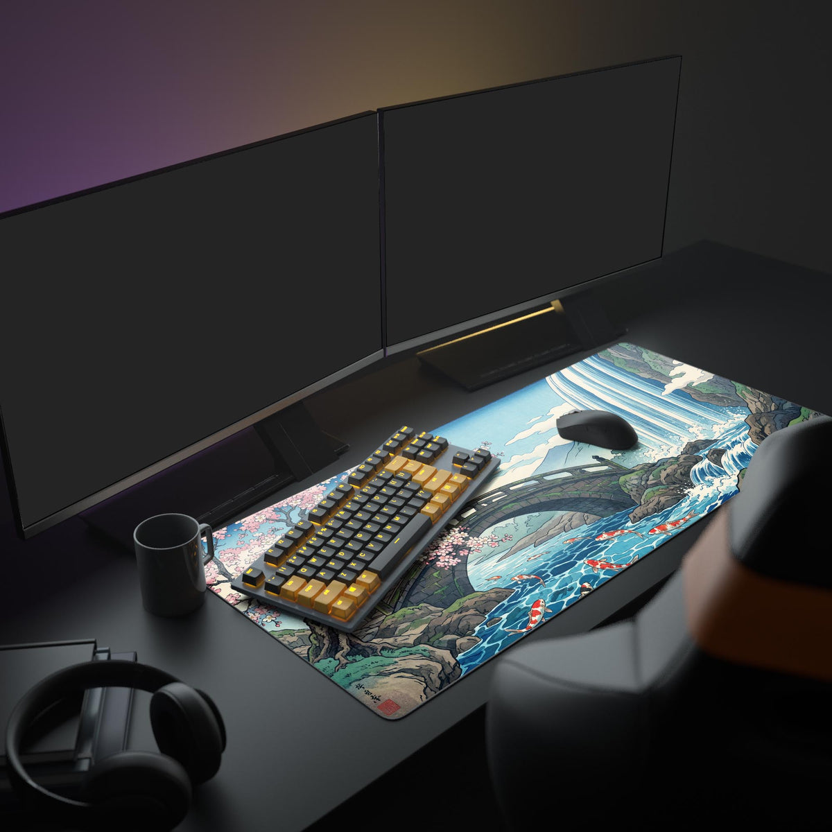 A stylish PC setup featuring the Spring Ukiyo gaming desk mat. The Japanese Ukiyo-e design with a bridge and cherry blossoms complements the modern monitors and peripherals. - Epic Design Pads & Mousepads