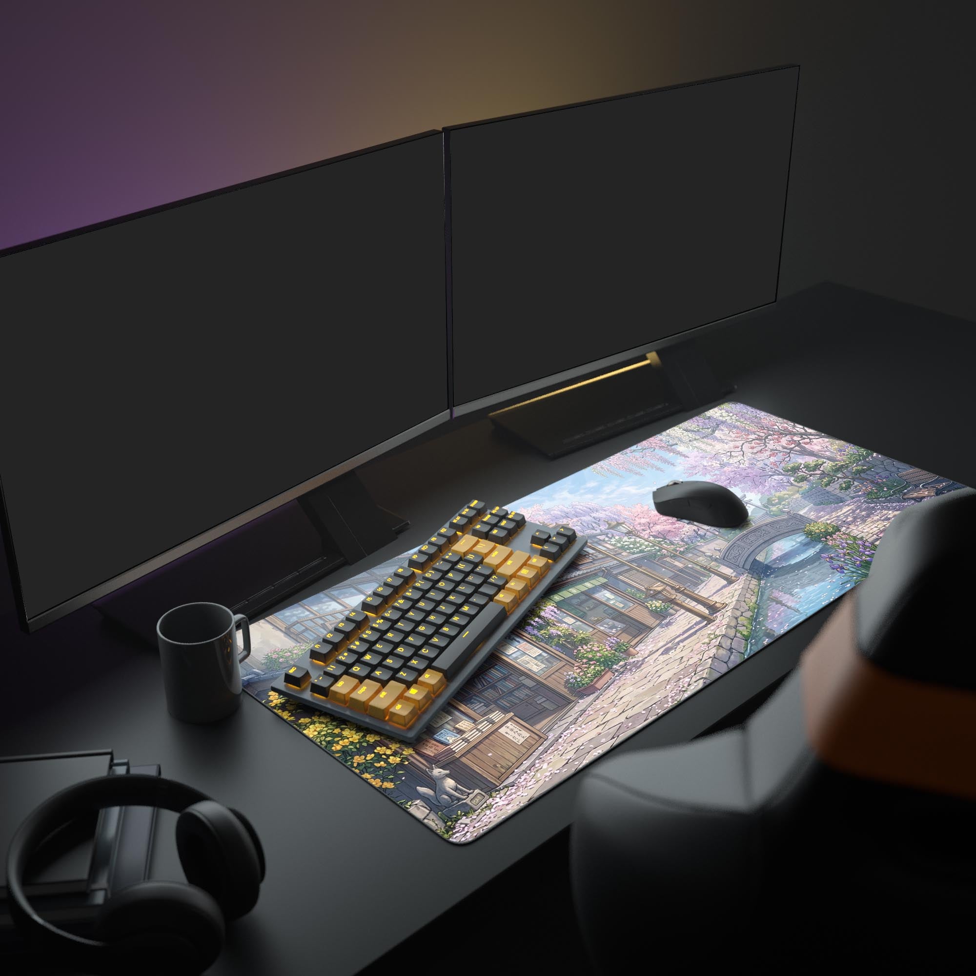 A cozy PC gaming setup featuring the Springtime Stroll anime mouse pad, which displays a beautiful Japanese town with cherry blossoms, perfectly complementing the desk aesthetic. - Epic Design Pads & Mousepads