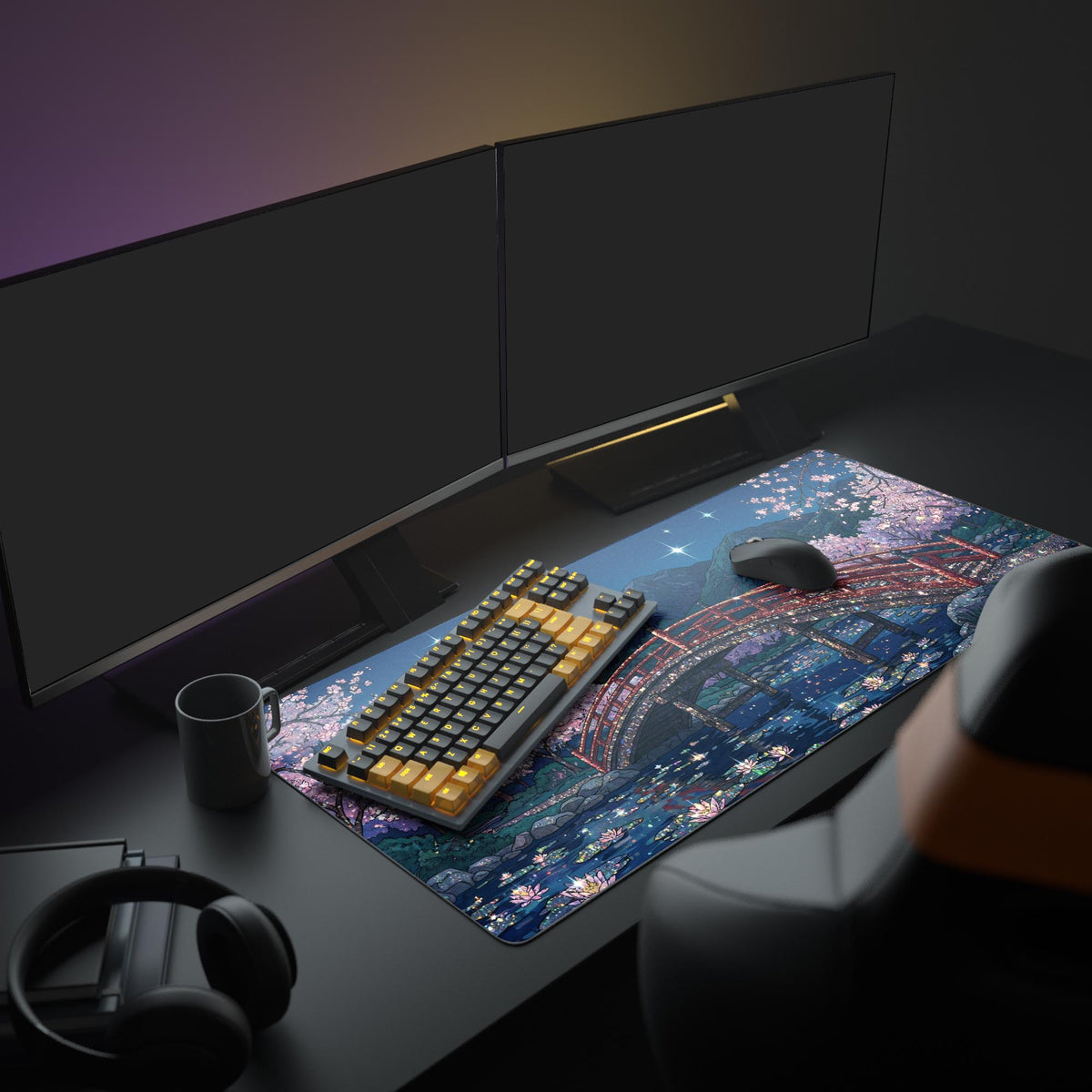 A full PC setup featuring the Starlit Crossing XL mouse pad. The mat's Japanese night scene complements the glowing keyboard and monitor, creating a serene anime aesthetic. - Epic Design Pads & Mousepads