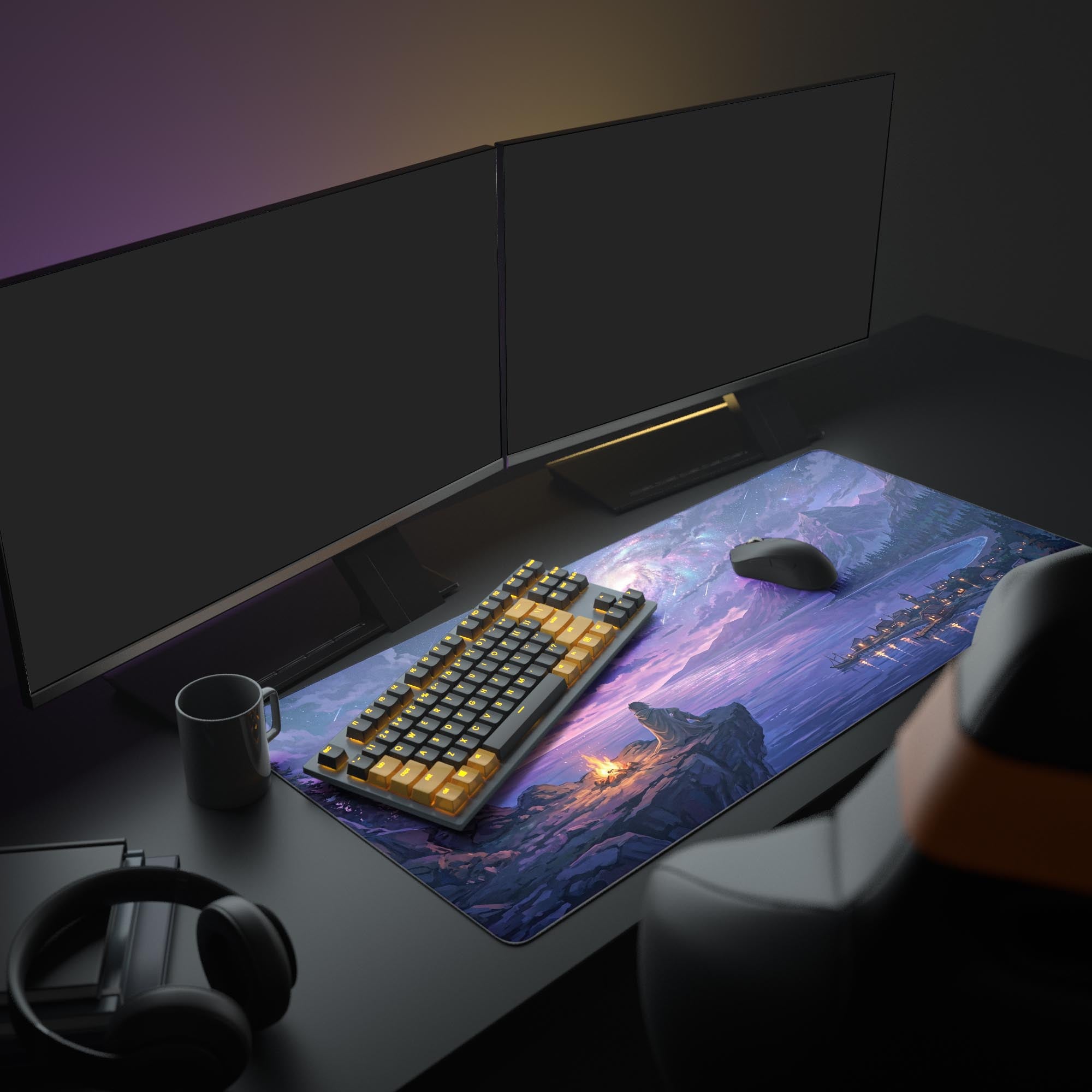The Starlit Vigil mouse pad enhances a full gaming setup, its purple galaxy design glowing under monitor light, complementing an illuminated keyboard and mouse. - Epic Design Pads & Mousepads