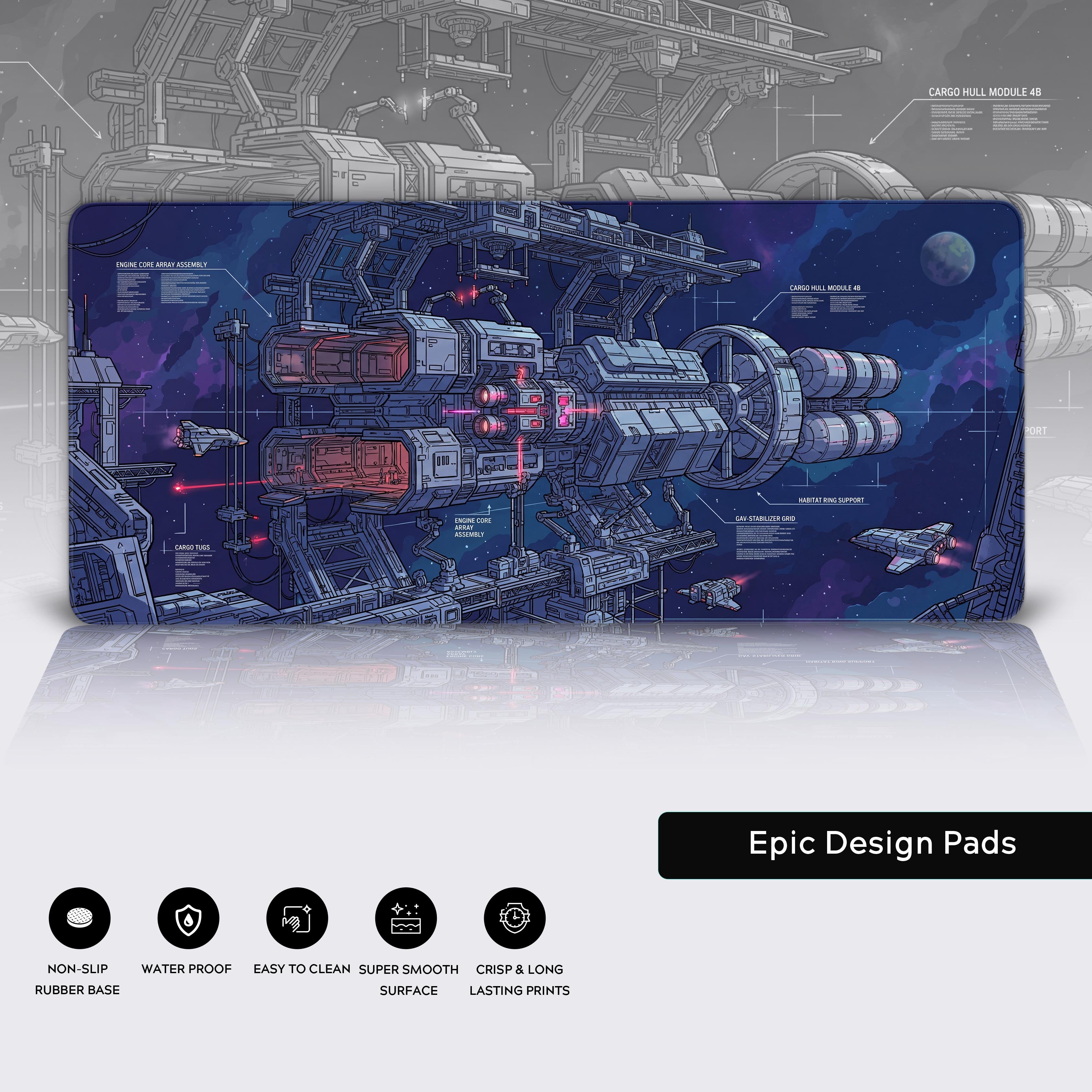 Detailed view of the desk mat edge and waterproof surface showcasing the crisp, long-lasting print quality of the spaceship design.