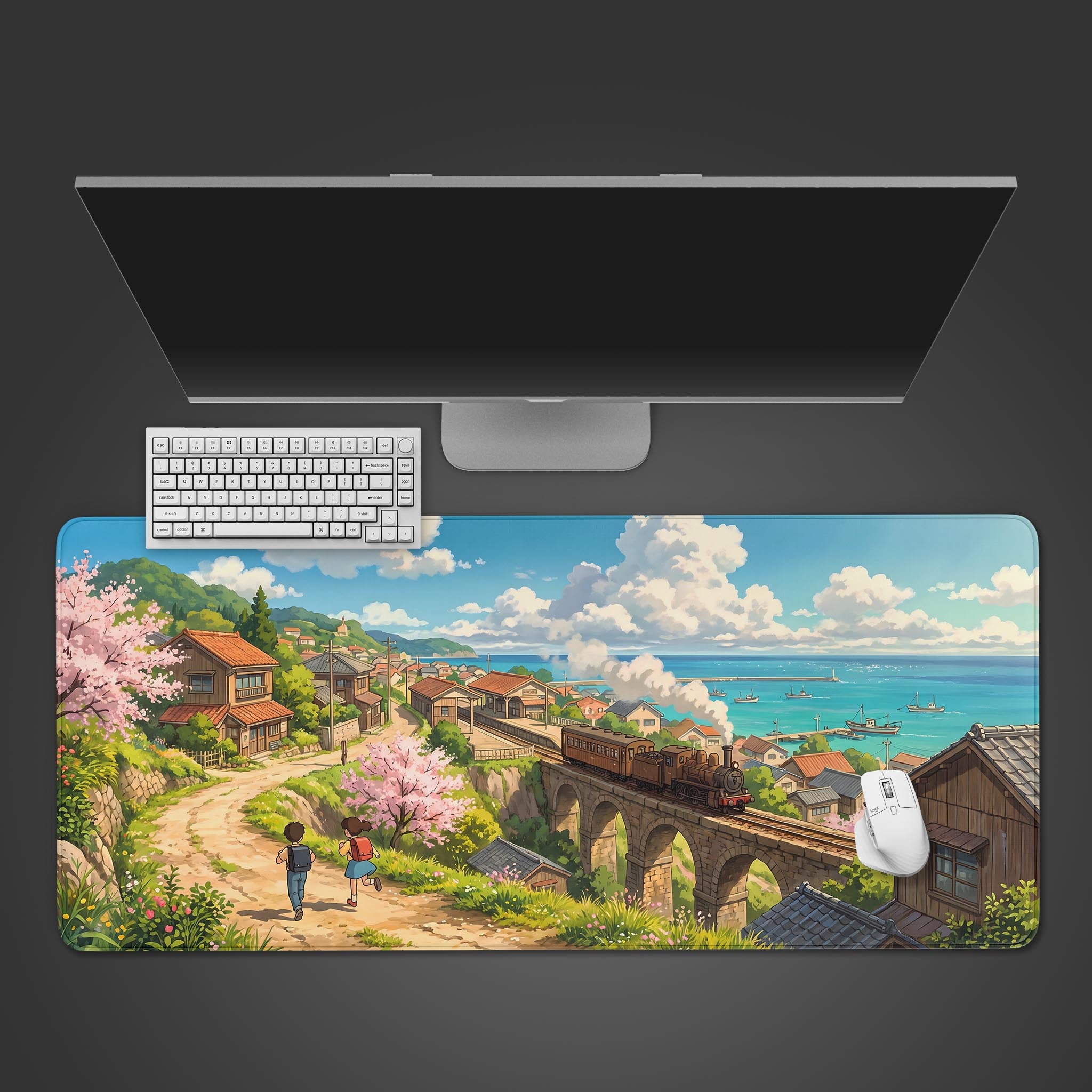 Anime style coastal village desk mat with a steam train crossing a stone bridge