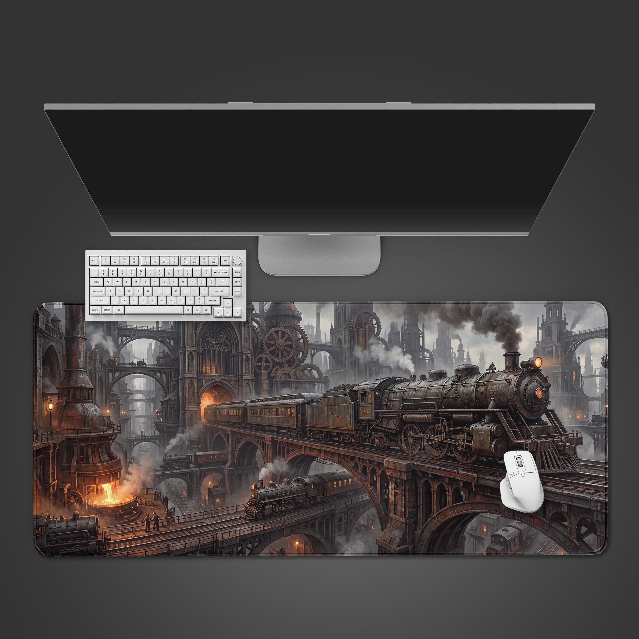 A sprawling steampunk cityscape desk mat featuring a large steam train crossing an iron bridge over glowing foundries.