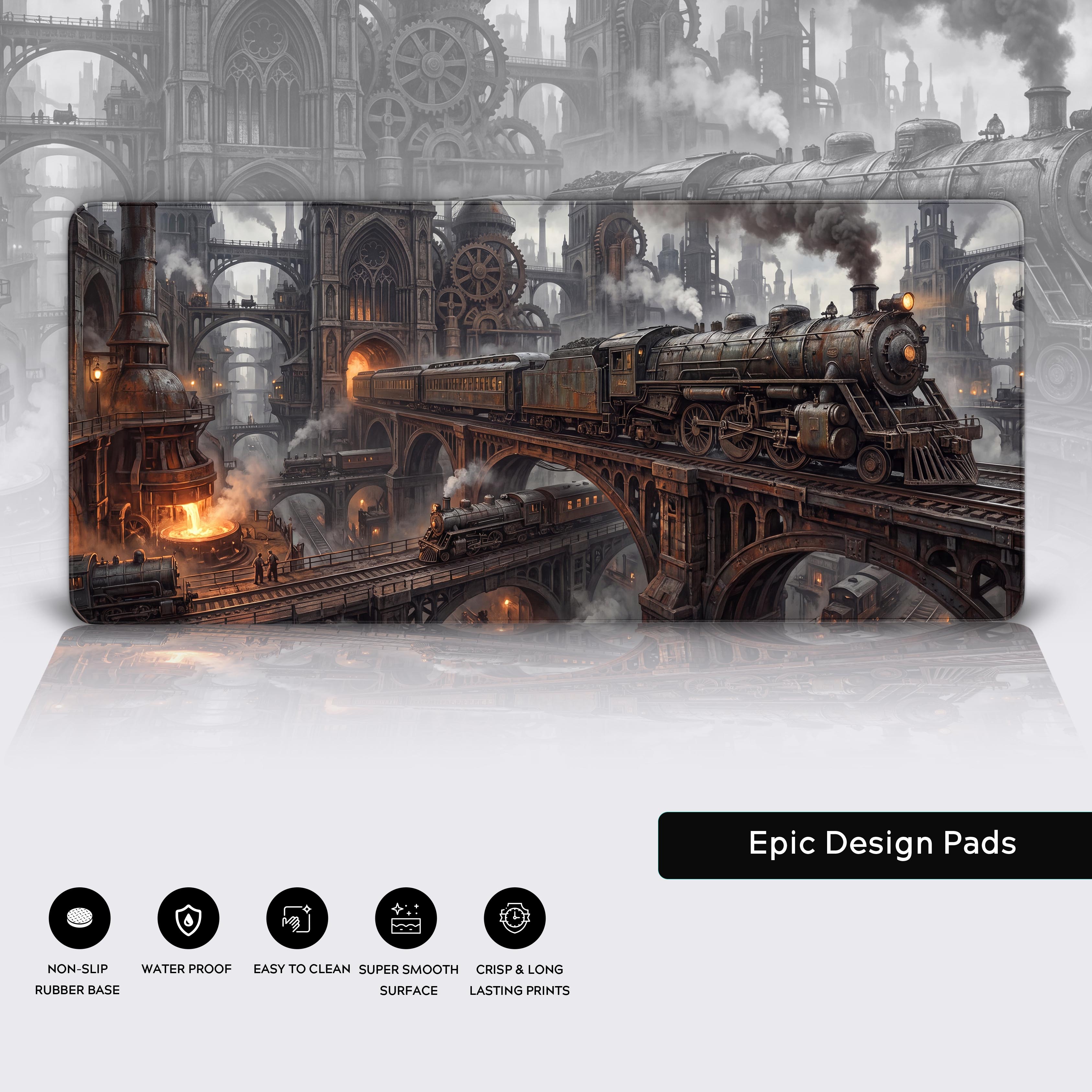 The steampunk desk mat displayed in full showing elevated railway tracks winding through a massive gray industrial metropolis with amber highlights.