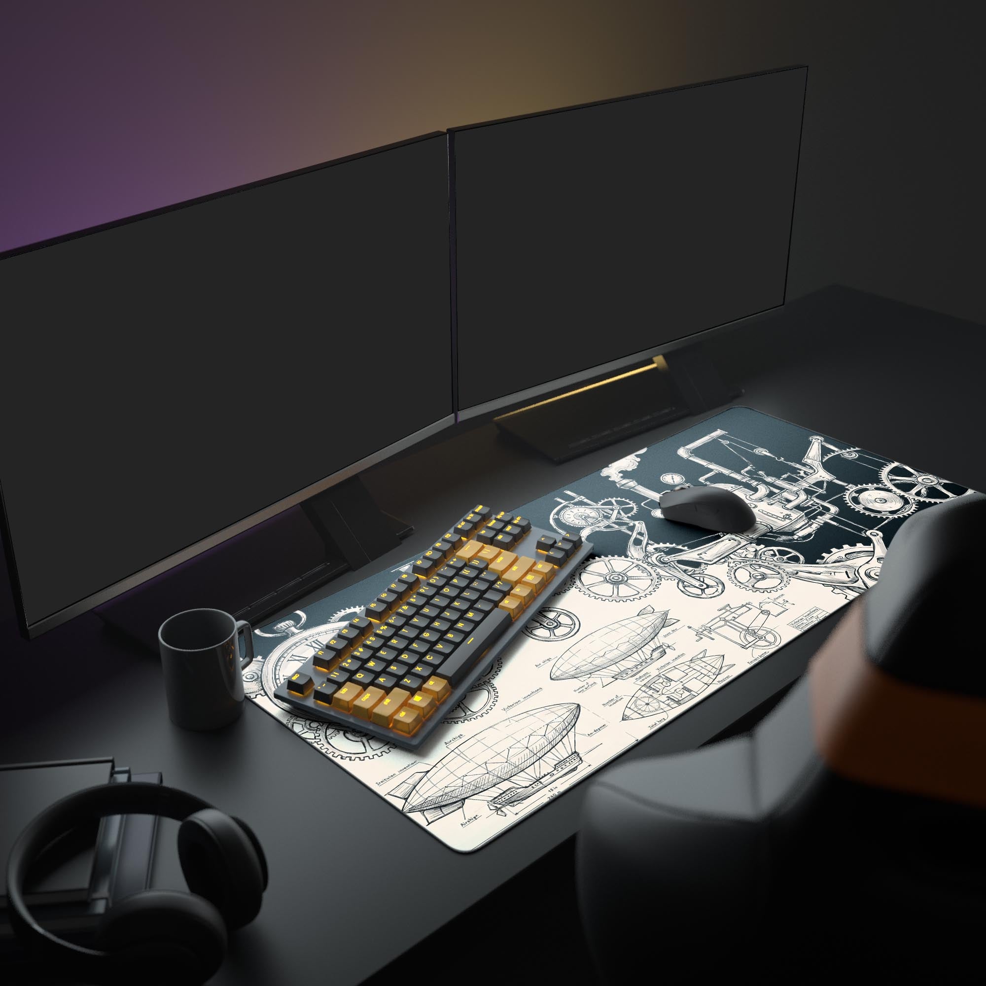 Detailed view of a vintage clockwork and mechanical pipe illustration on a gaming mouse pad.