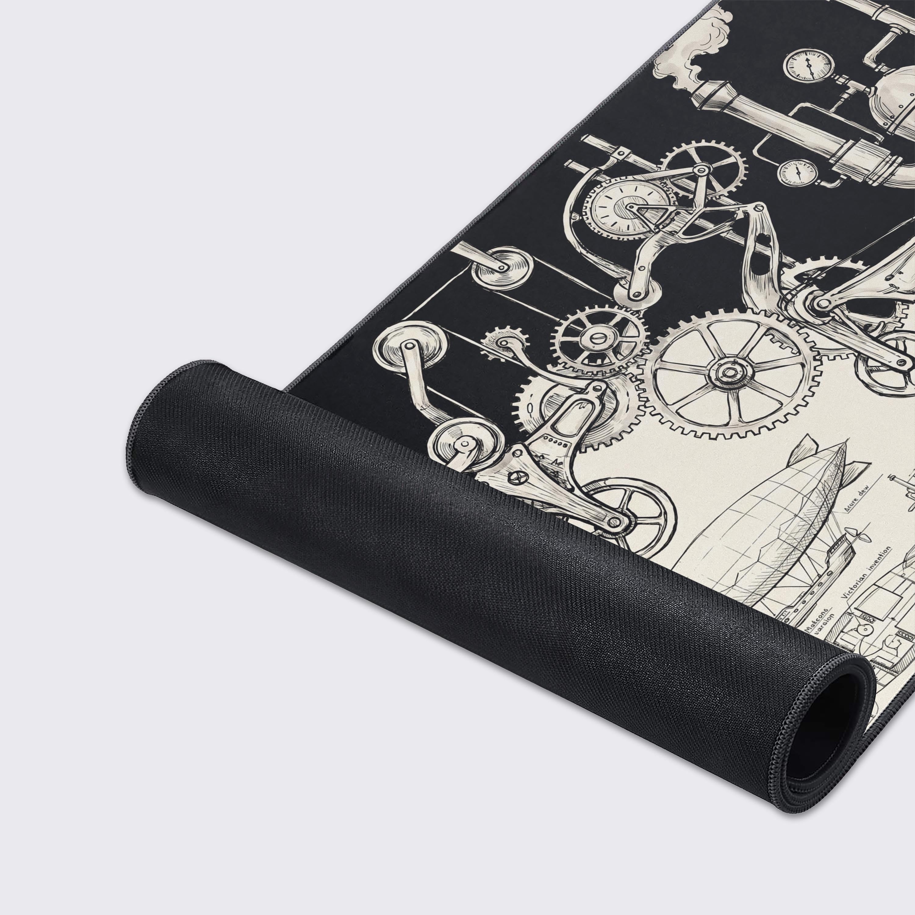 A stylish black and white steampunk desk mat transforming a modern desk setup.