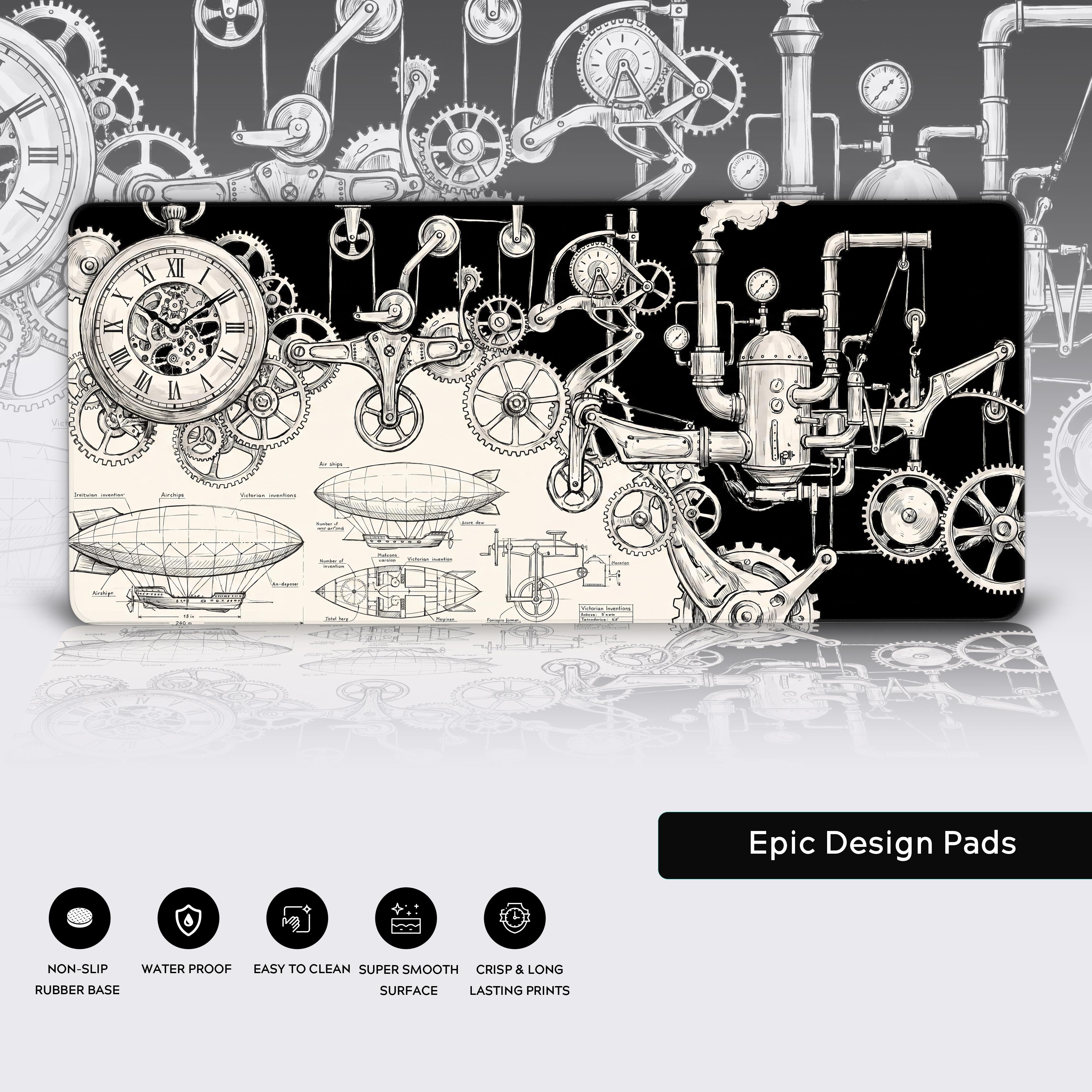 Product features of the steampunk desk mat showcasing icons for non-slip base, waterproof, and smooth surface.
