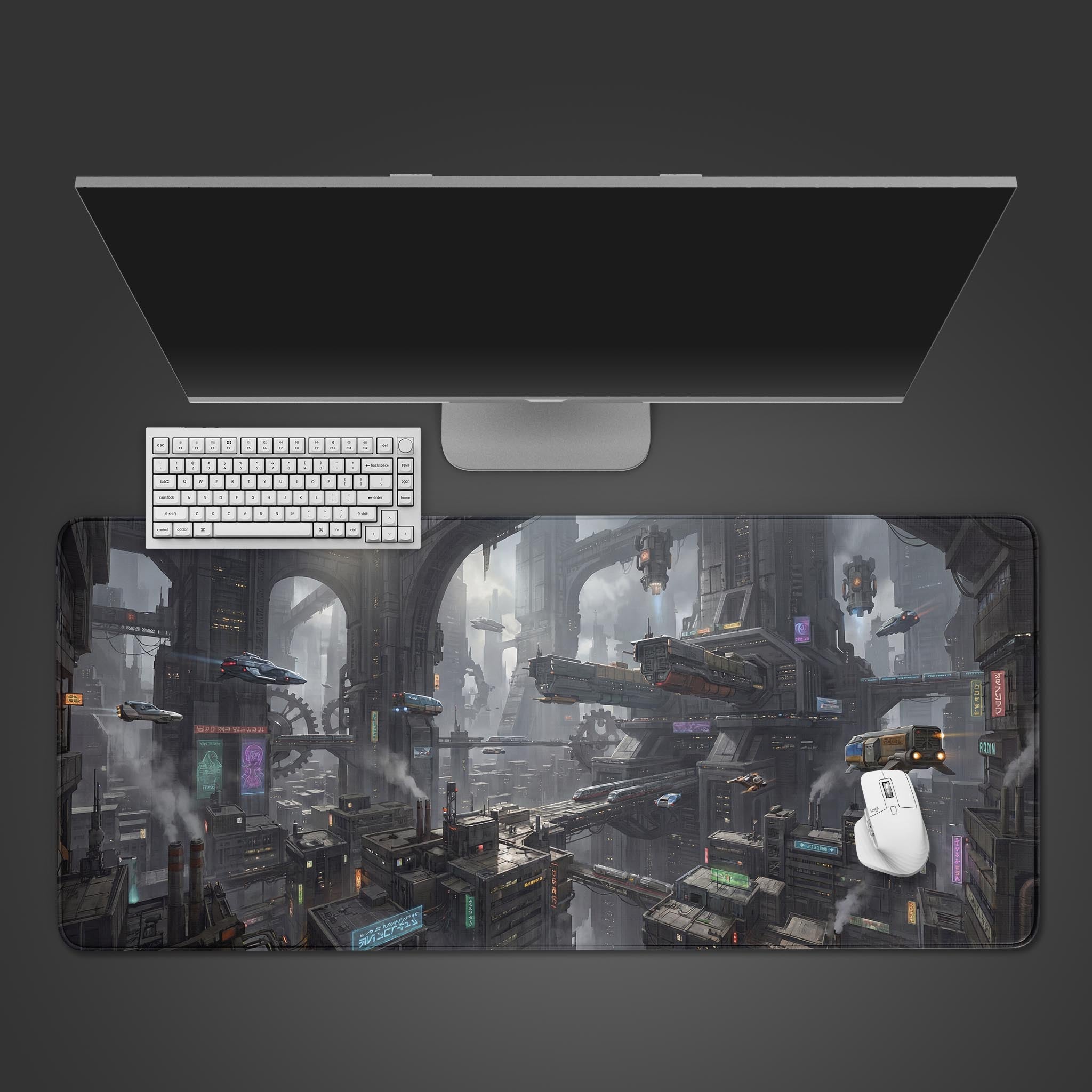 Top-down view of the Steel Metropolis gaming desk mat, featuring a dystopian industrial city design, shown with a white keyboard and mouse on a gray background. - Epic Design Pads & Mousepads