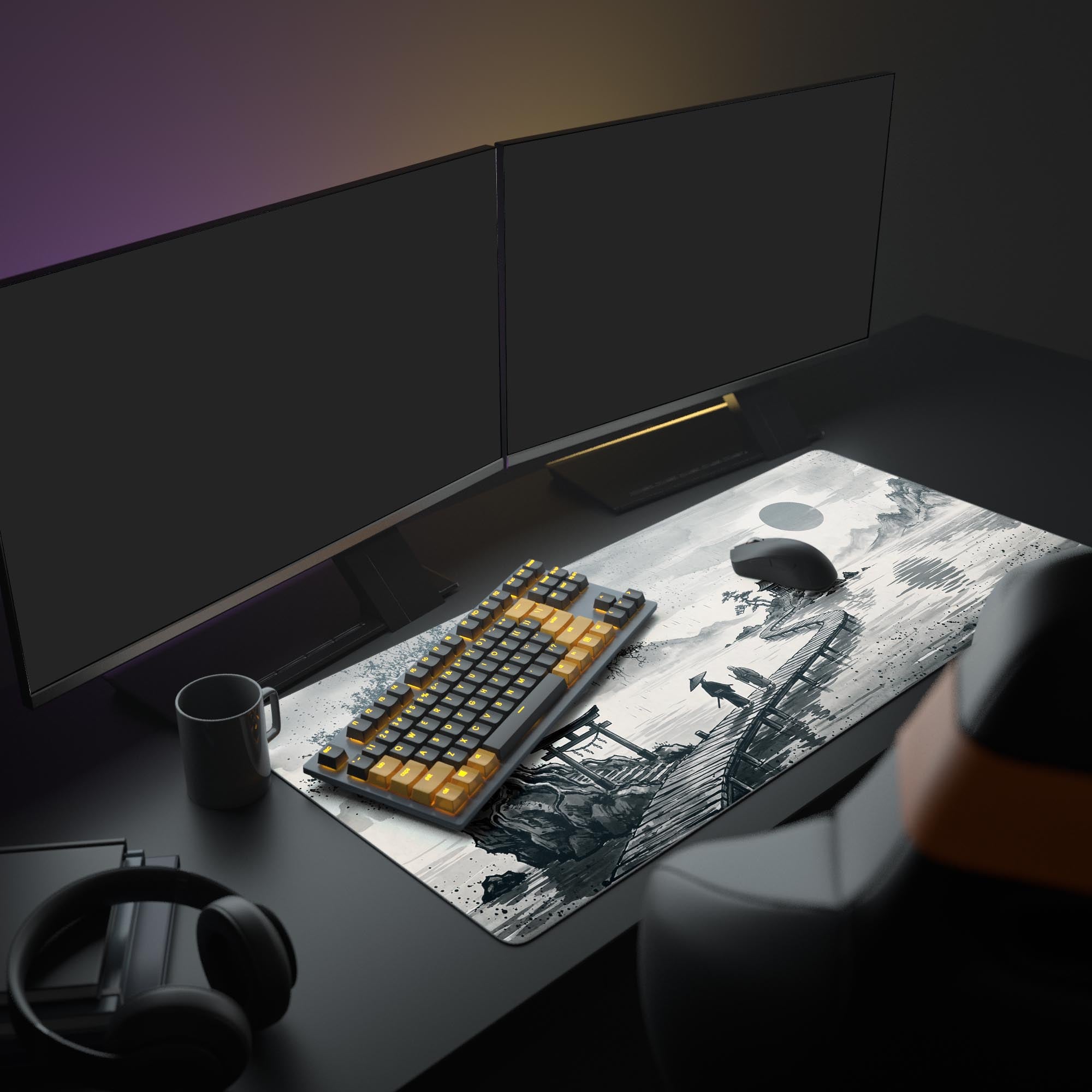 A clean PC setup showcasing the monochrome Stoic Waters gaming desk mat, creating a focused and aesthetic workspace with a large monitor. - Epic Design Pads & Mousepads