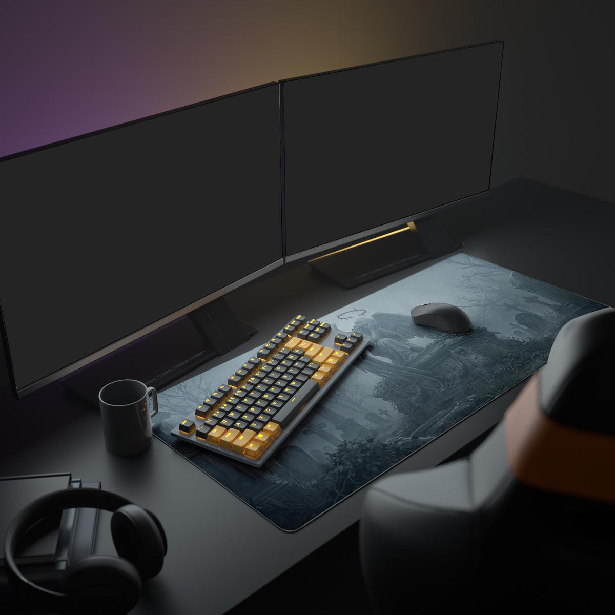A full gaming setup featuring the Stone Seraph mouse pad with its gothic graveyard art, complementing a large monitor and minimalist keyboard. - Epic Design Pads & Mousepads