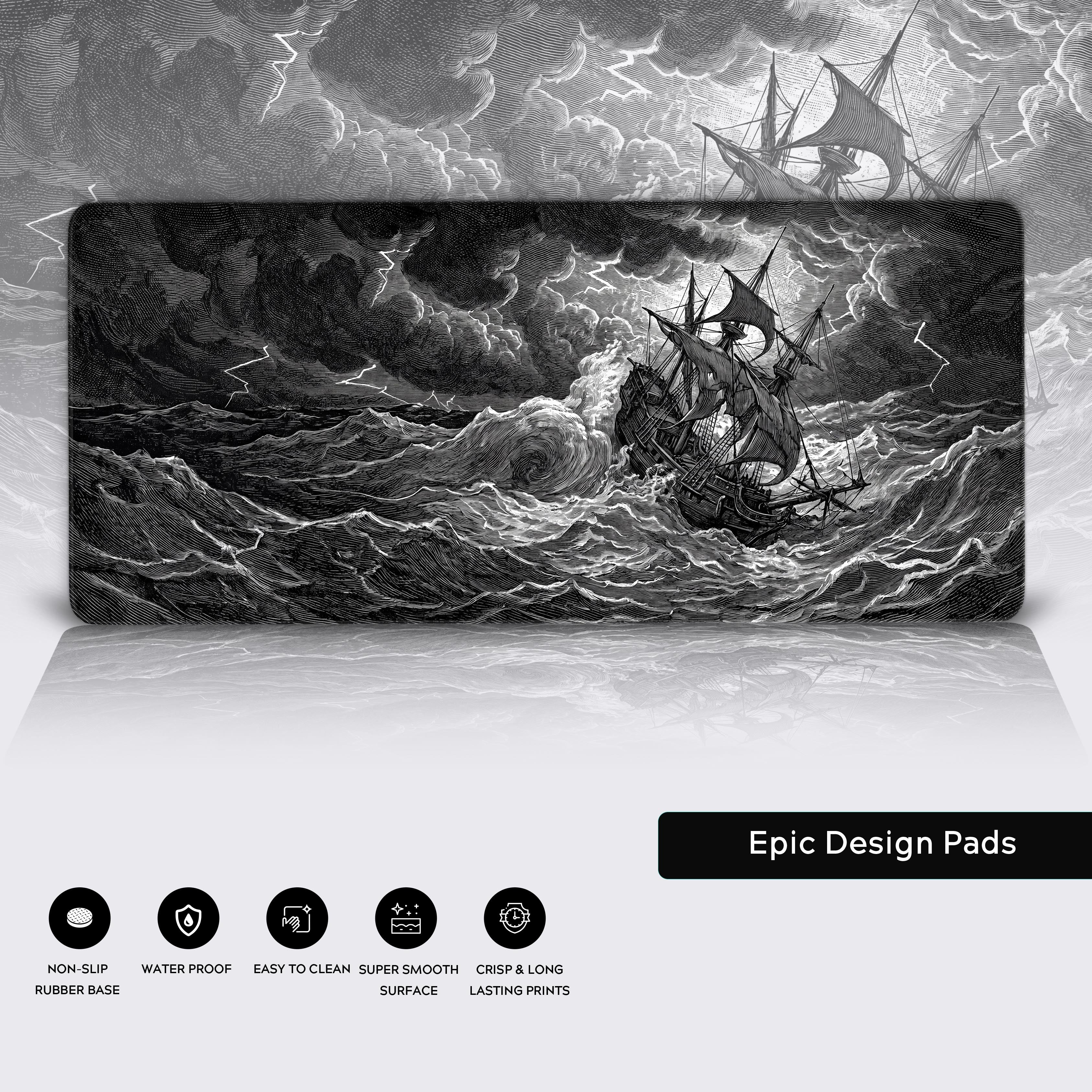 Stormy Seas desk mat showcasing non-slip, waterproof, and smooth surface features
