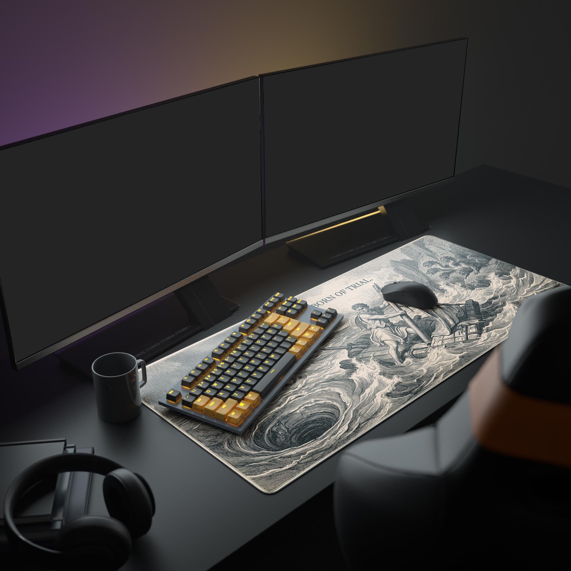 A full PC setup featuring the vintage-style "Strength is Born of Trial" mouse pad, which anchors a gaming keyboard, mouse, and a large monitor for an inspiring workspace. - Epic Design Pads & Mousepads