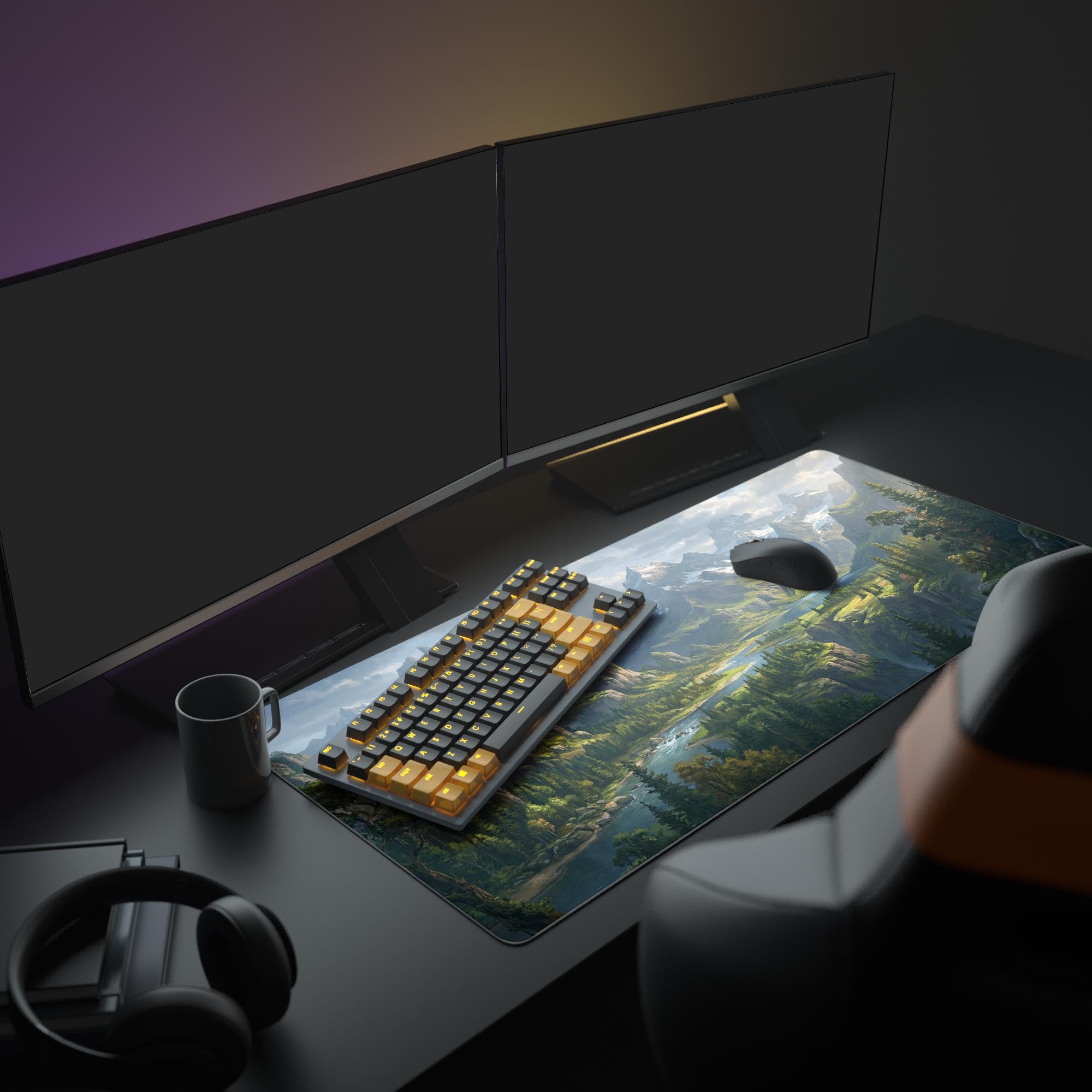A complete PC setup featuring the Summit of Solitude XL mouse pad, with a monitor displaying the vast mountain and forest artwork. - Epic Design Pads & Mousepads