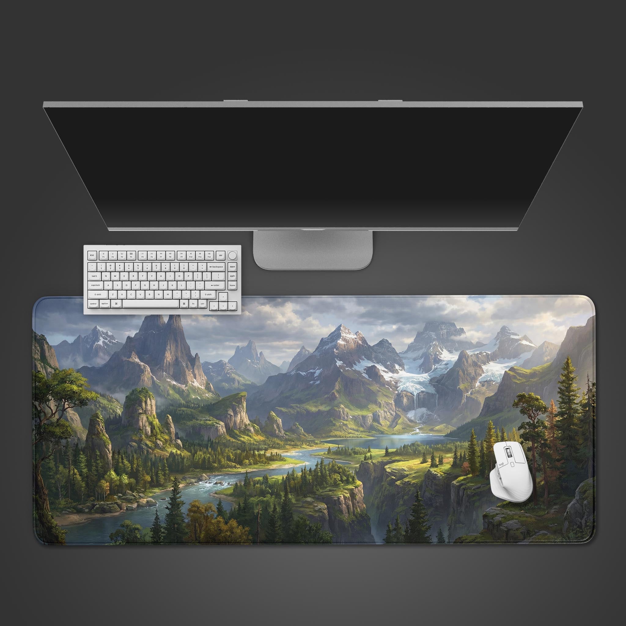 Top-down view of the Summit of Solitude gaming desk mat with a white keyboard and mouse, showing the epic mountain landscape design. - Epic Design Pads & Mousepads