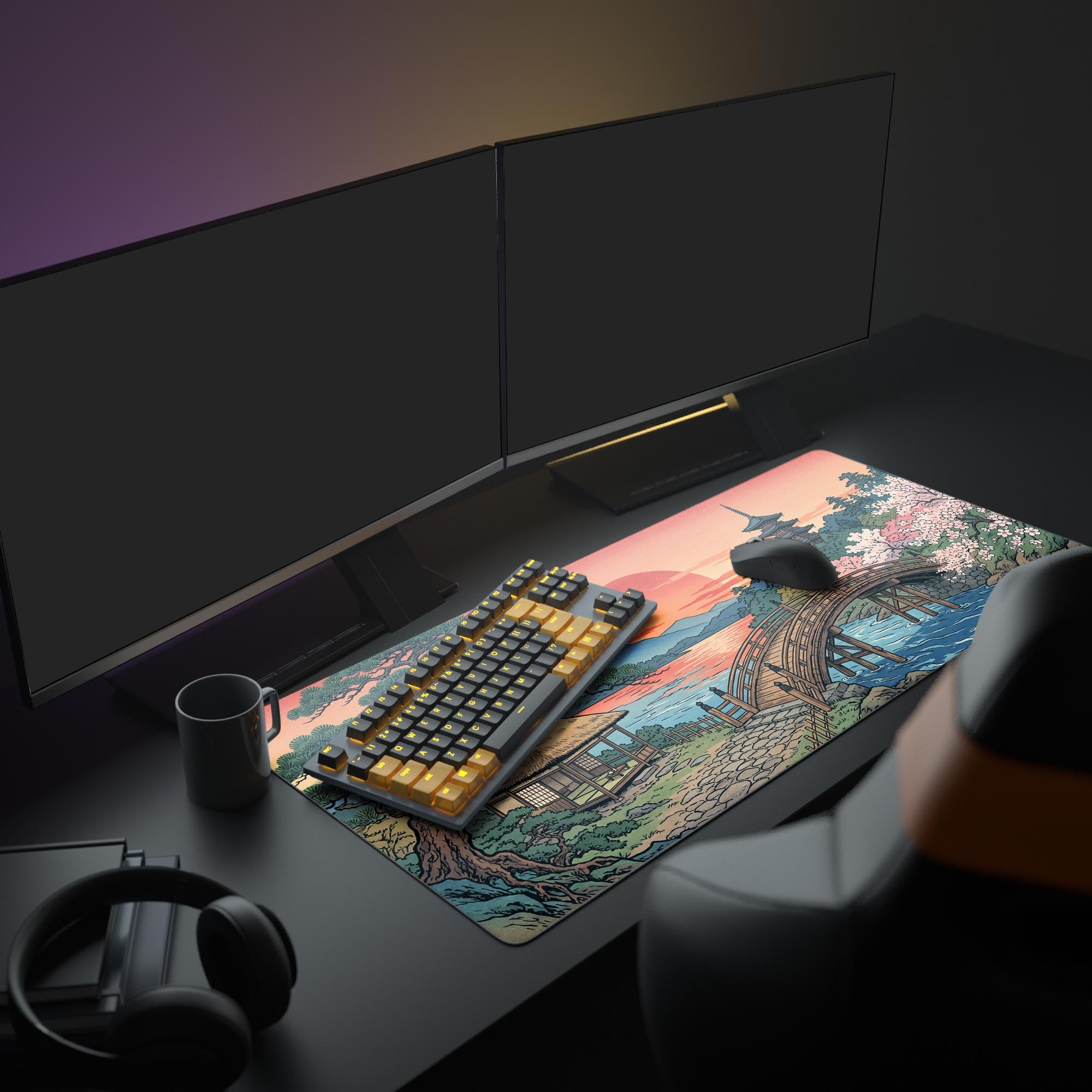A full gaming setup featuring the Japanese art mouse pad, with glowing RGB peripherals and dual monitors, creating a focused and aesthetic workspace. - Epic Design Pads & Mousepads