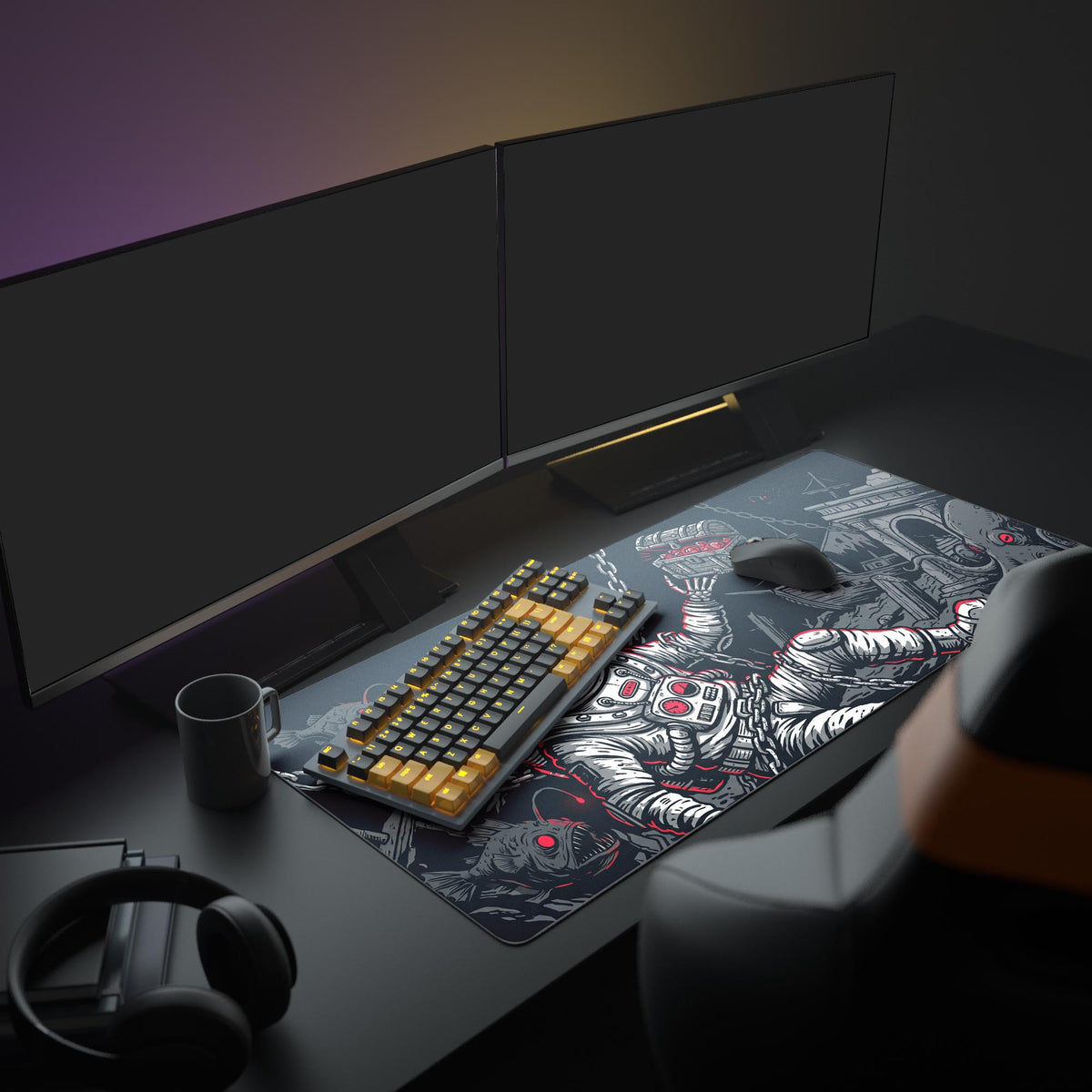A full gaming setup featuring the Sunken Fortune mouse pad, enhancing the dark fantasy aesthetic with a keyboard, mouse, and glowing monitor. - Epic Design Pads & Mousepads