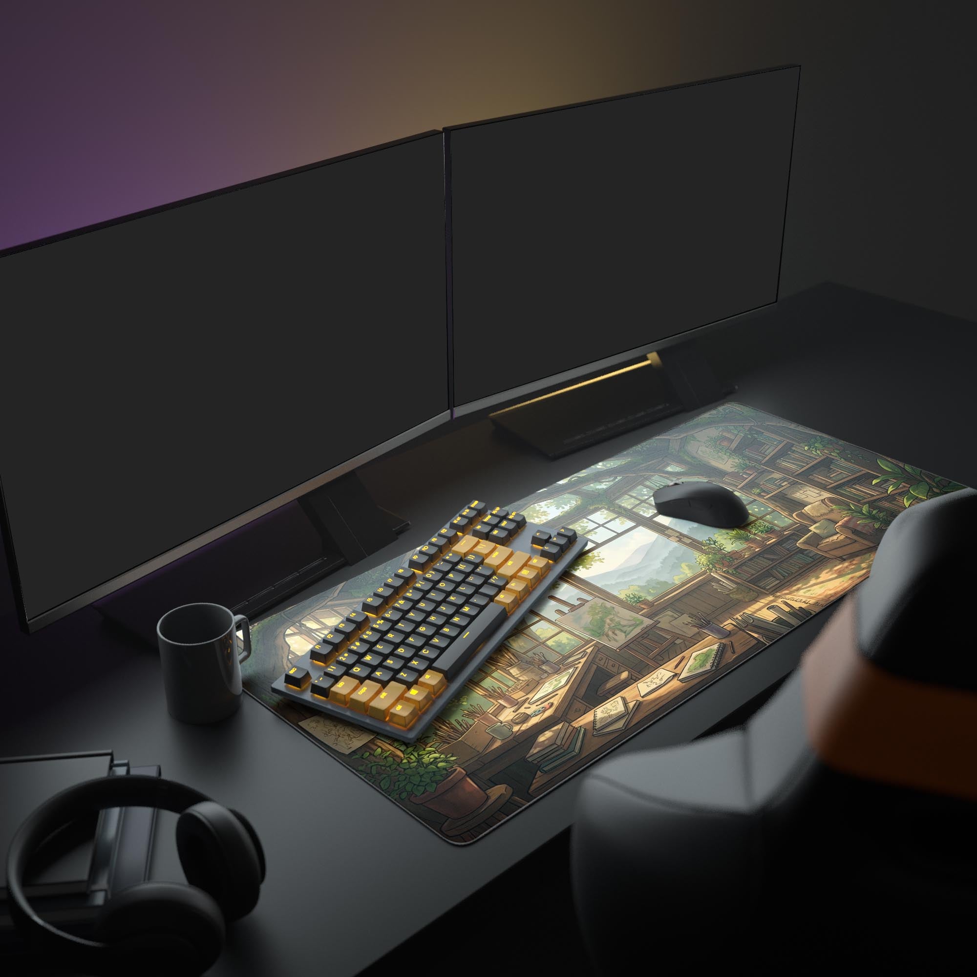 The Sunlit Atelier gaming desk mat enhancing a full PC setup, creating a cozy and natural aesthetic with a monitor and peripherals. - Epic Design Pads & Mousepads