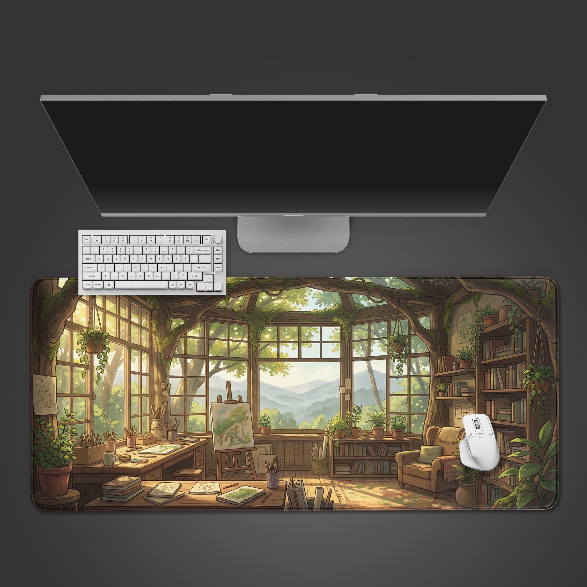 Top-down view of the Sunlit Atelier mouse pad featuring an artist's studio design, with a white keyboard and mouse neatly arranged below a sleek monitor. - Epic Design Pads & Mousepads
