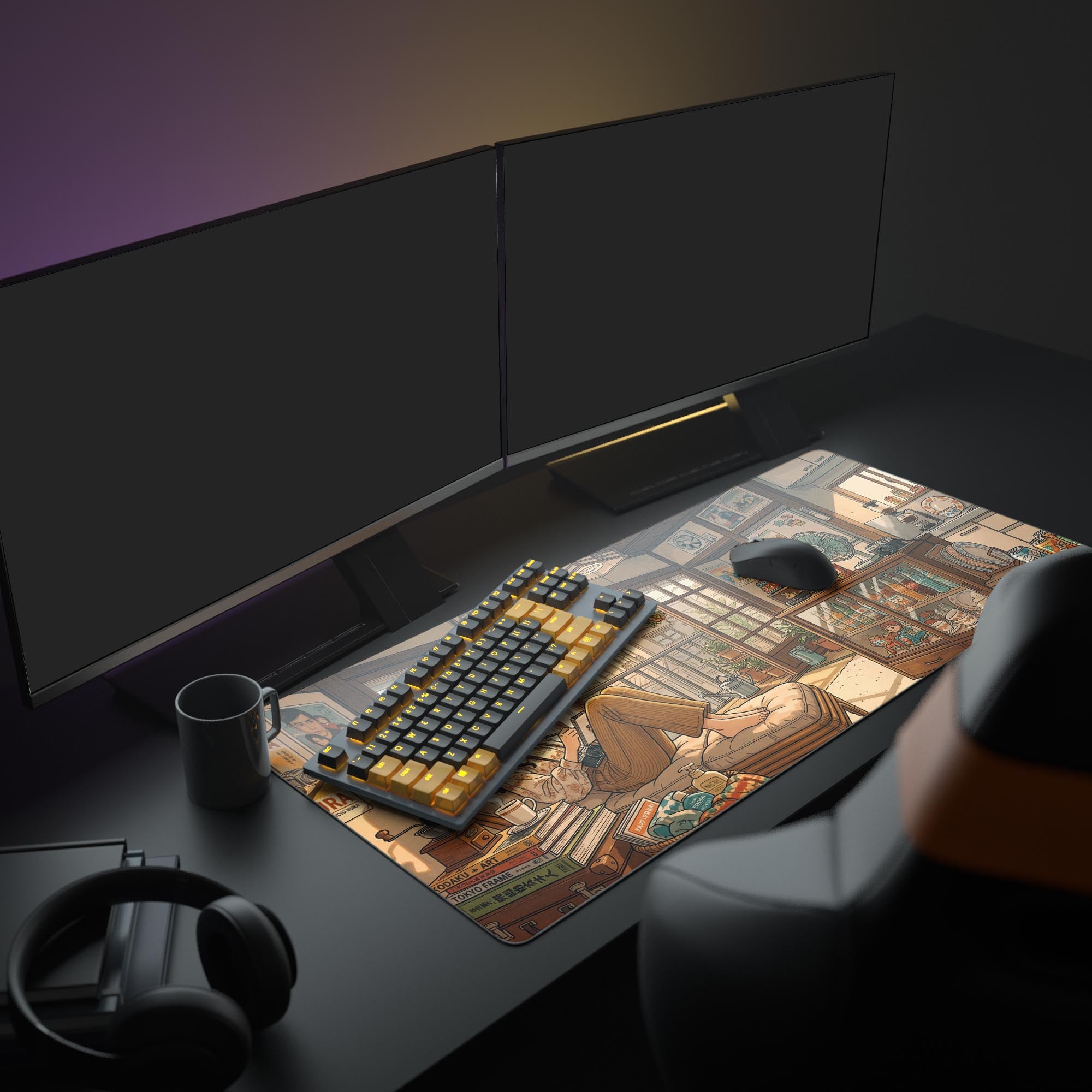 A cozy PC setup featuring the Sunlit Nostalgia mouse pad, which depicts a girl relaxing in a sunlit room. The desk includes a monitor, keyboard, and plants, creating a warm aesthetic. - Epic Design Pads & Mousepads