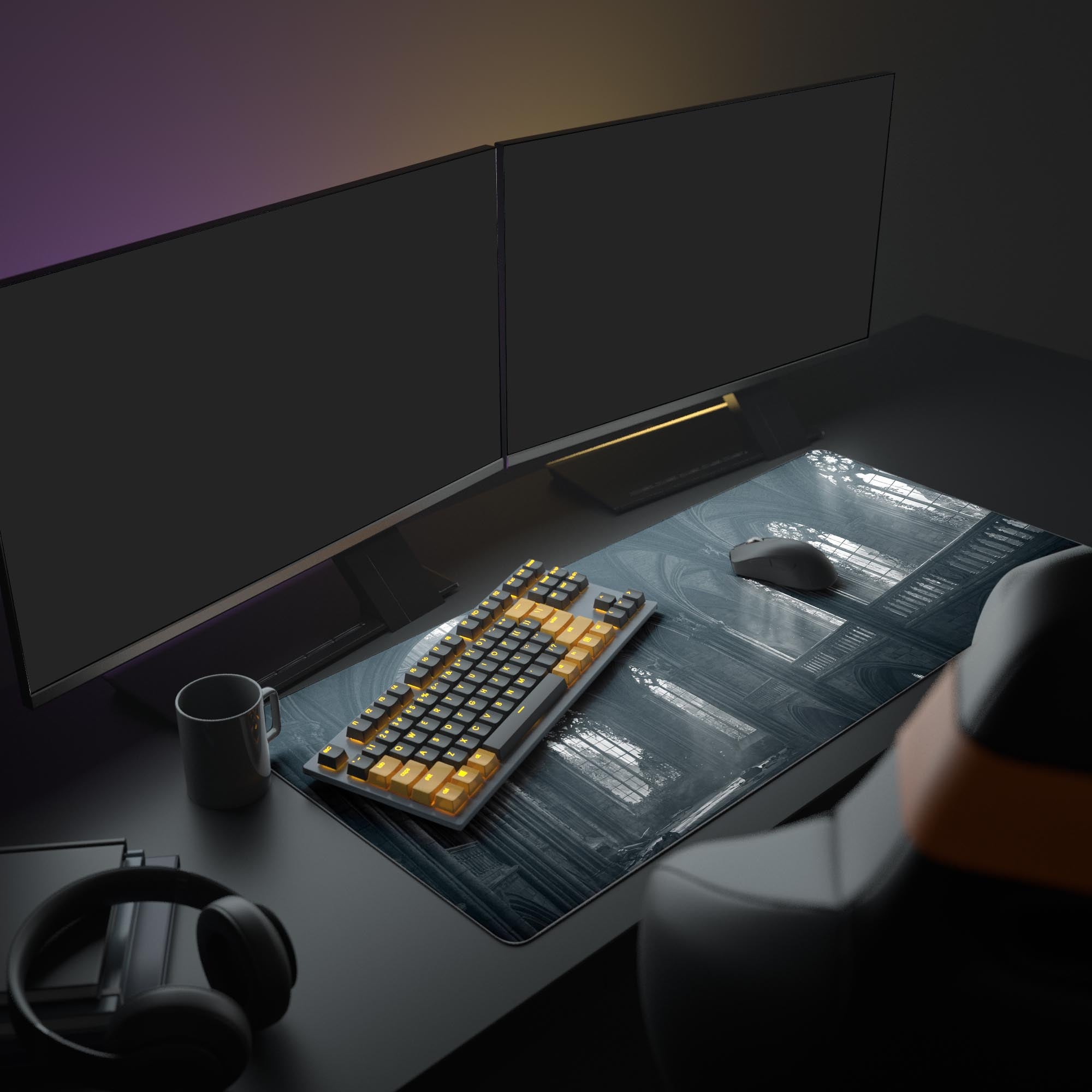 Large gothic desk mat featuring a sunlit cathedral interior. Shown in a dark academia gaming setup with a mechanical keyboard, dual monitors, and headphones. - Epic Design Pads & Mousepads