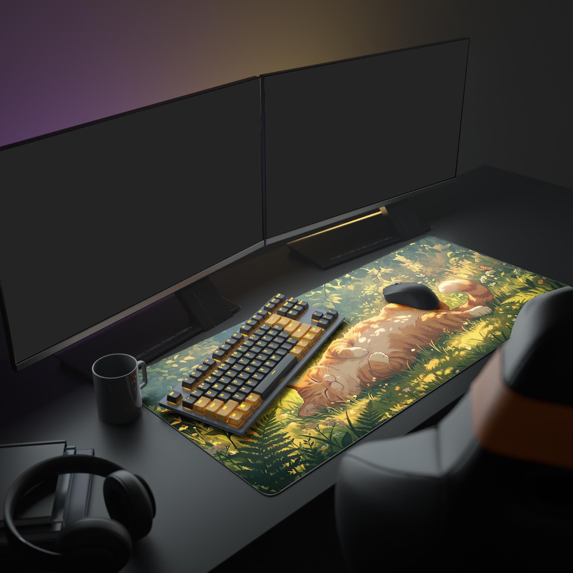 A cozy PC gaming setup featuring the Sunlit Slumber cat mouse pad. The vibrant design complements the monitor and gaming peripherals, creating a tranquil workspace. - Epic Design Pads & Mousepads