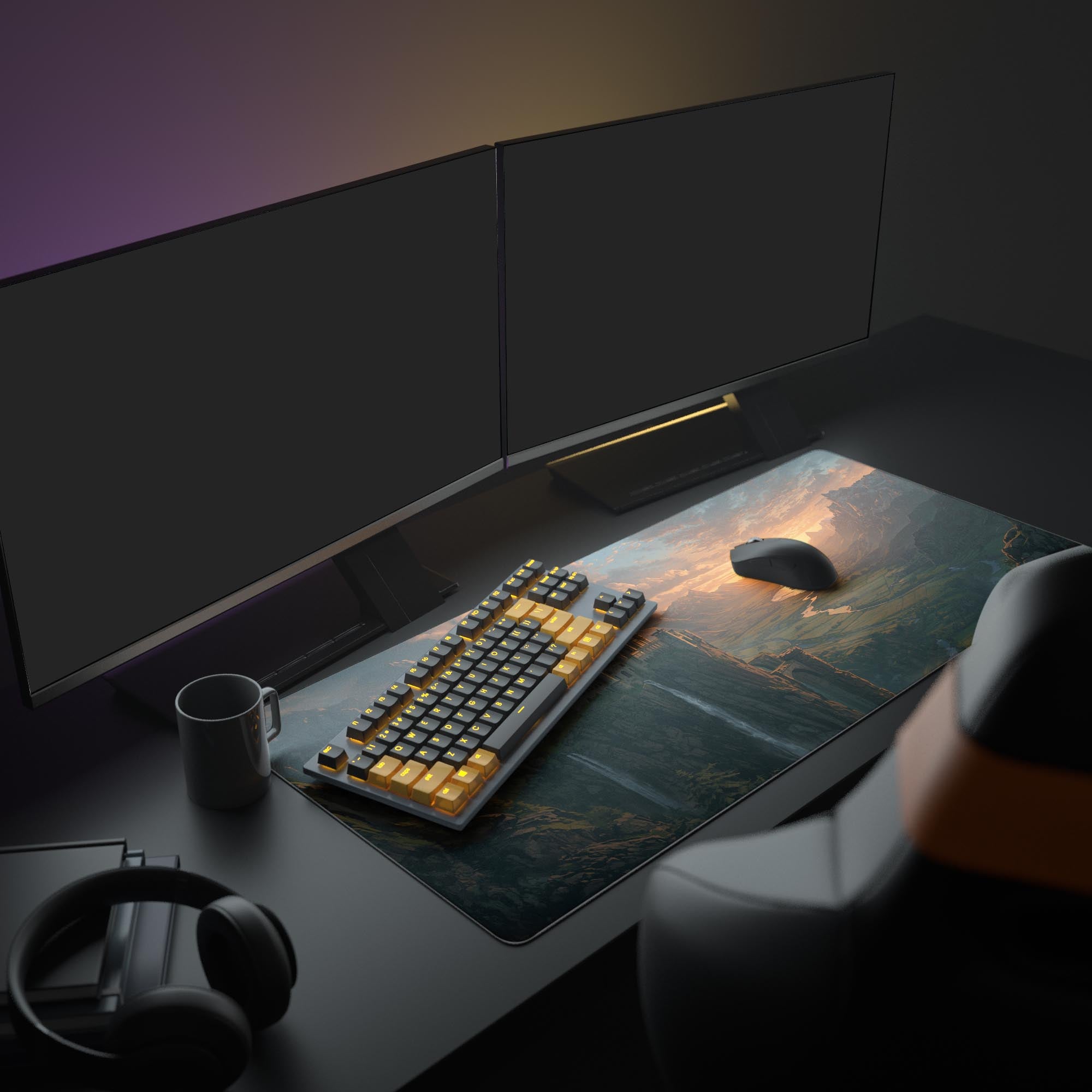 Large Sunset Citadel fantasy desk mat featured in an aesthetic gaming setup with dual monitors and a mechanical keyboard. - Epic Design Pads