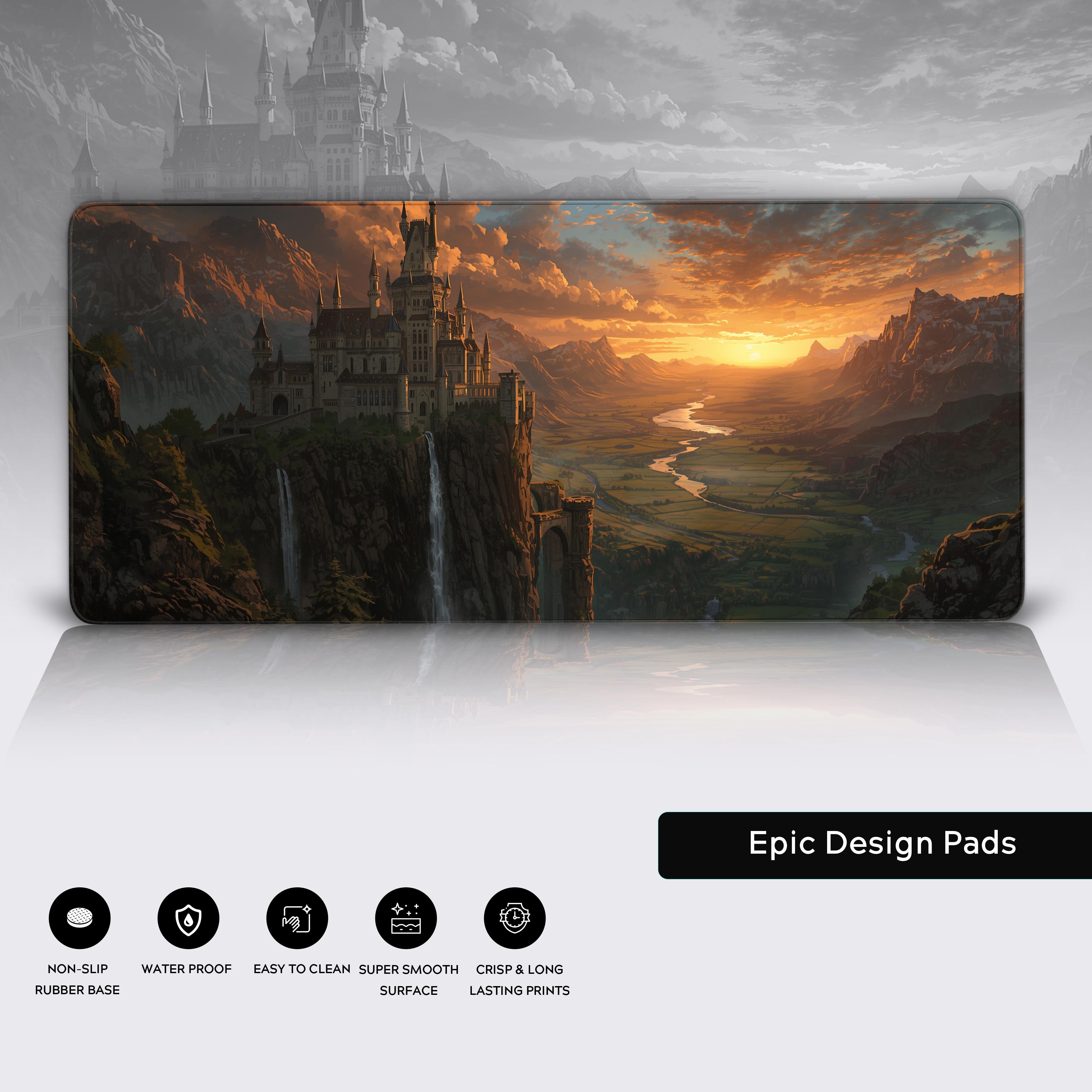 Close-up of the Sunset Citadel fantasy gaming desk mat, showcasing the high-quality stitched edges and non-slip rubber base. - Epic Design Pads