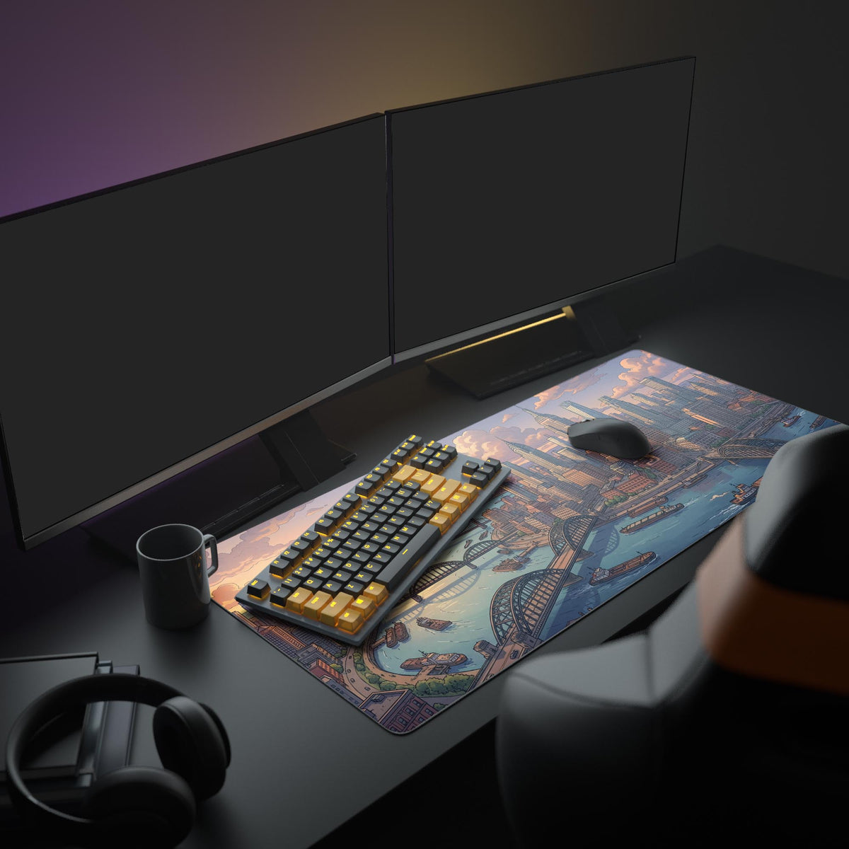 The Sunset Commerce XL mouse pad elevating a modern PC setup, its warm city skyline art creating a professional and ambitious workspace aesthetic. - Epic Design Pads & Mousepads