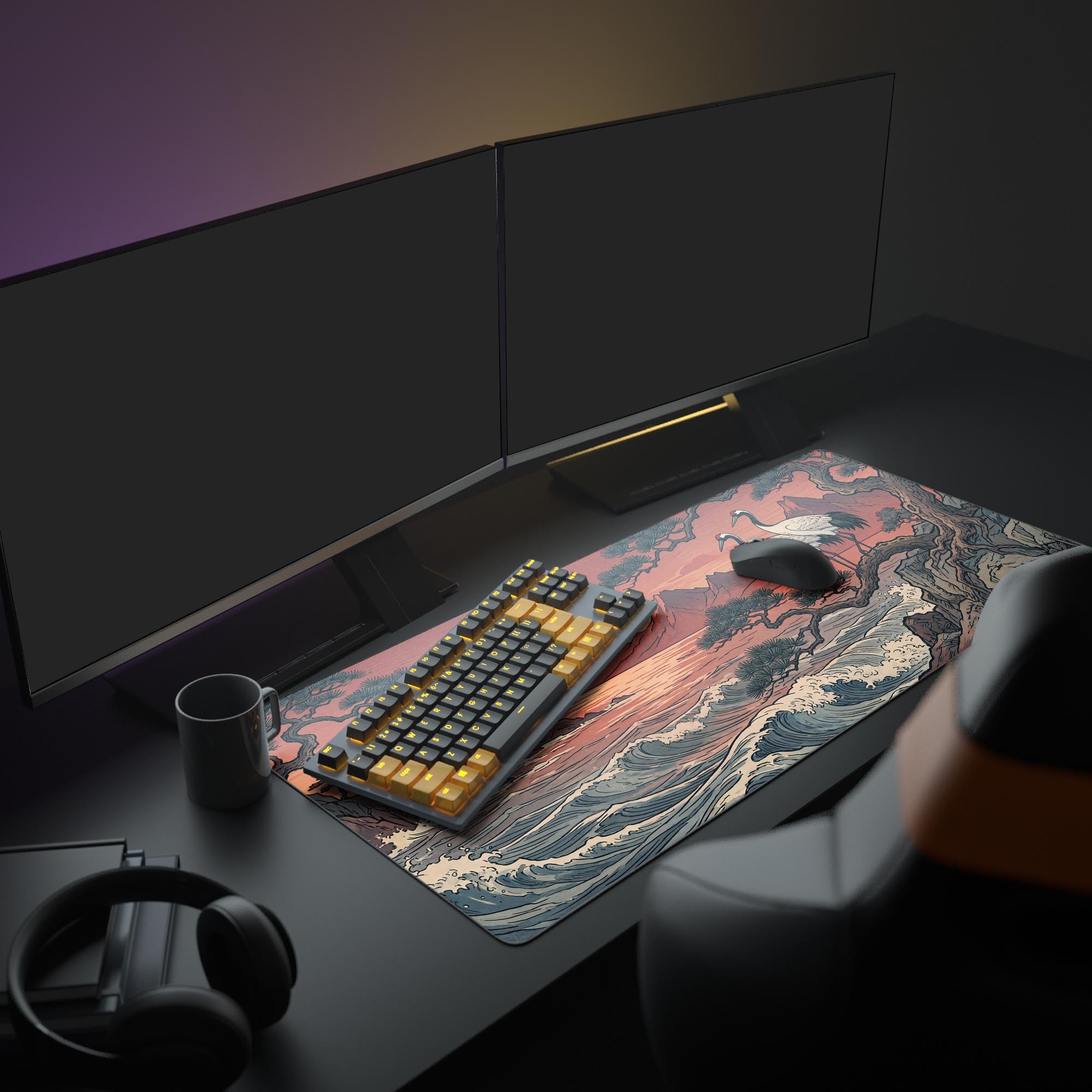 Close-up of the desk mat surface showing intricate linework of ocean waves and a glowing orange sun
