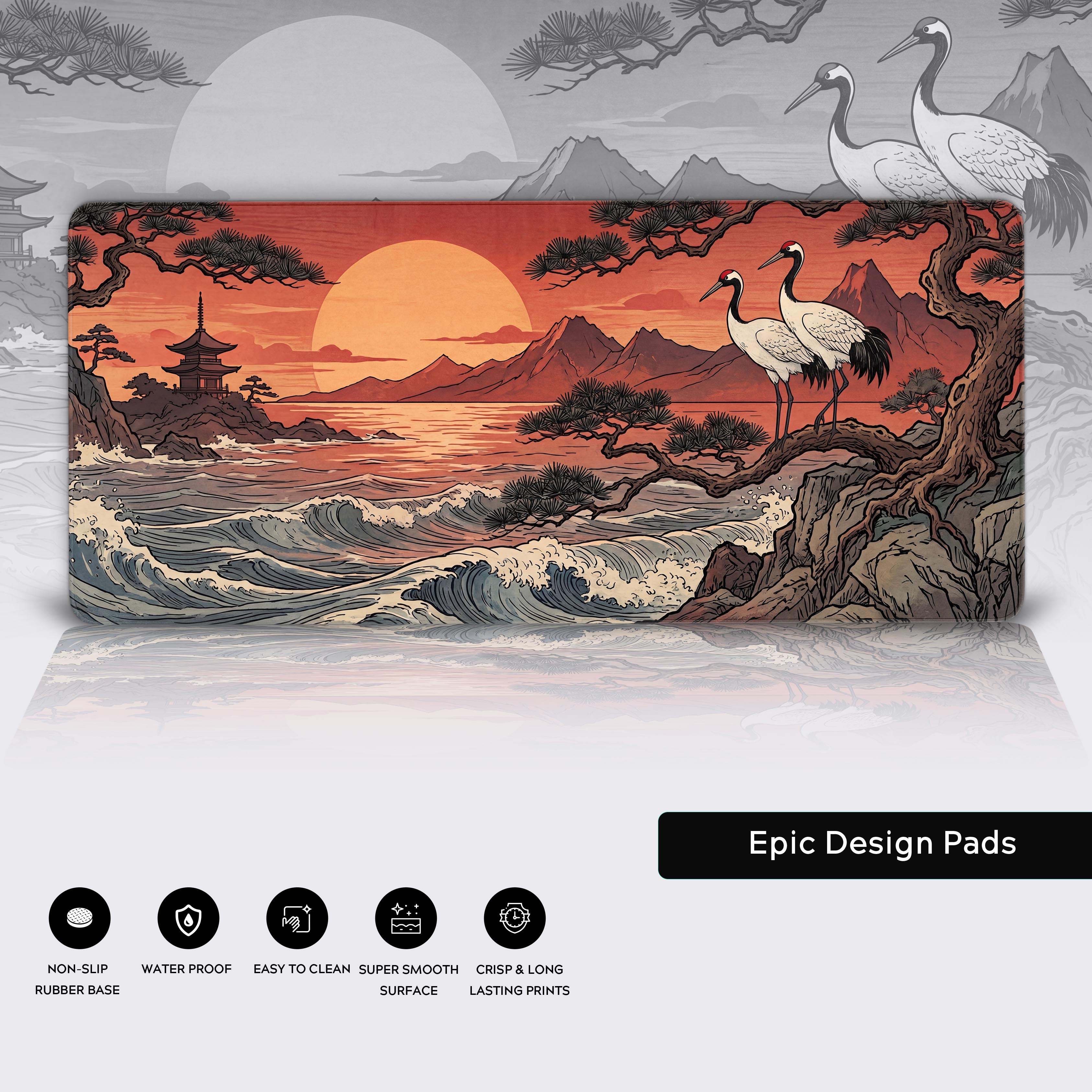 Desk mat feature icons highlighting non-slip rubber base, waterproof surface, easy cleaning, and crisp print