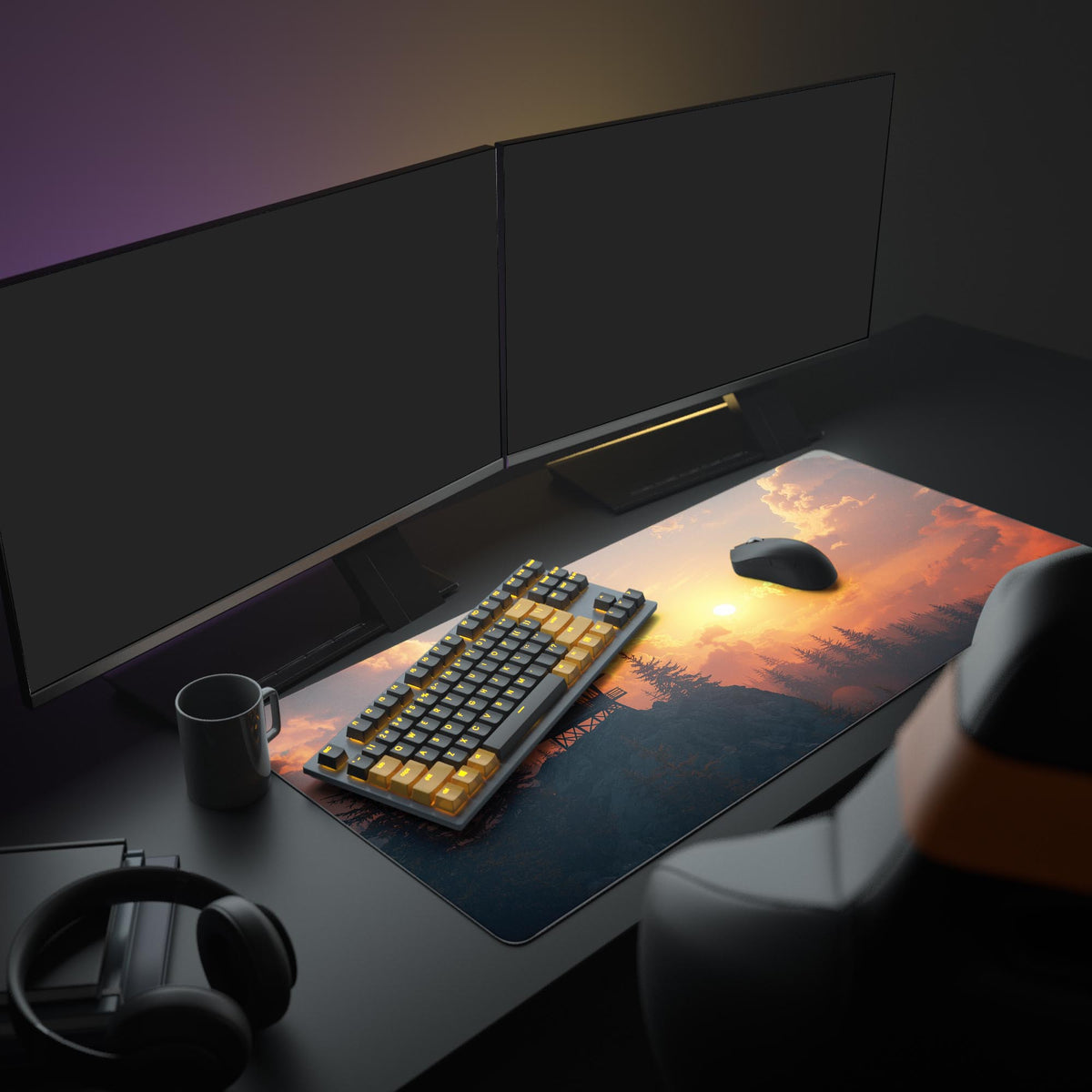 Large Sunset Lookout desk mat in a cozy gaming setup with dual monitors, headphones, and a mechanical keyboard, showcasing its expansive size. - Epic Design Pads
