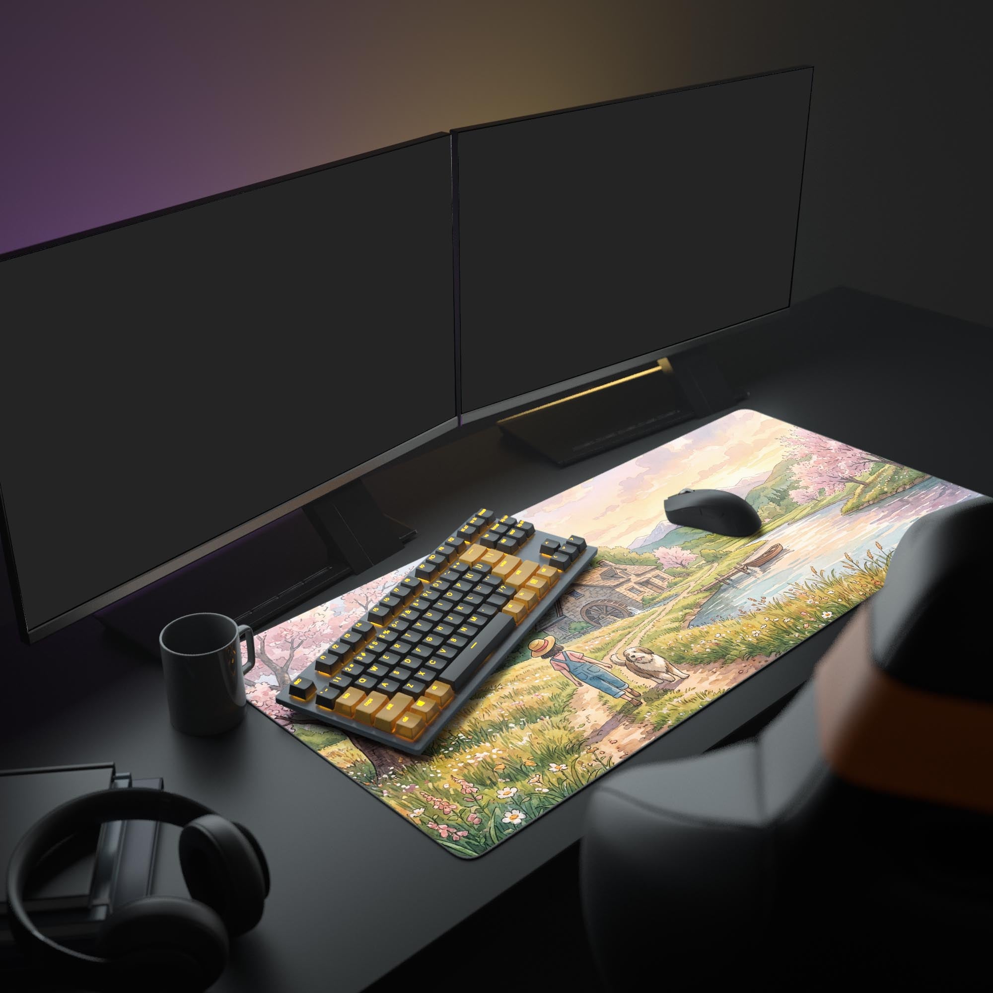 A cozy PC setup featuring the Sunset Stroll landscape gaming desk mat, complemented by a large monitor and white peripherals, creating a peaceful workspace aesthetic. - Epic Design Pads & Mousepads