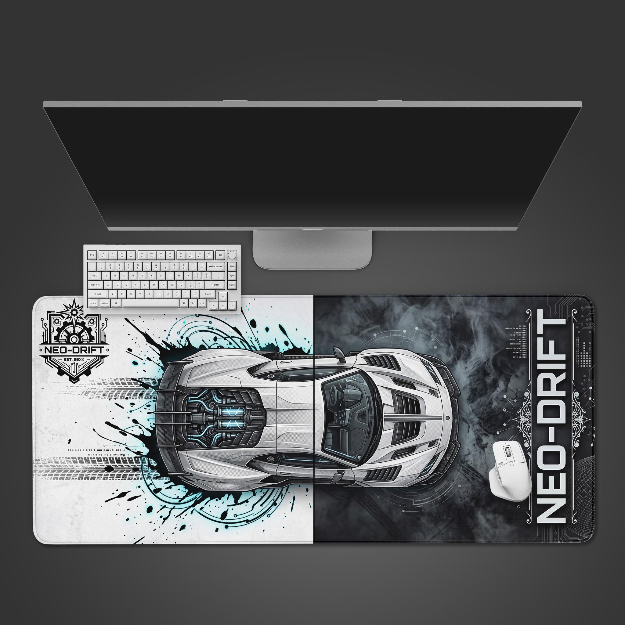 Top-down view of a high-tech supercar desk mat with a split black and white design.