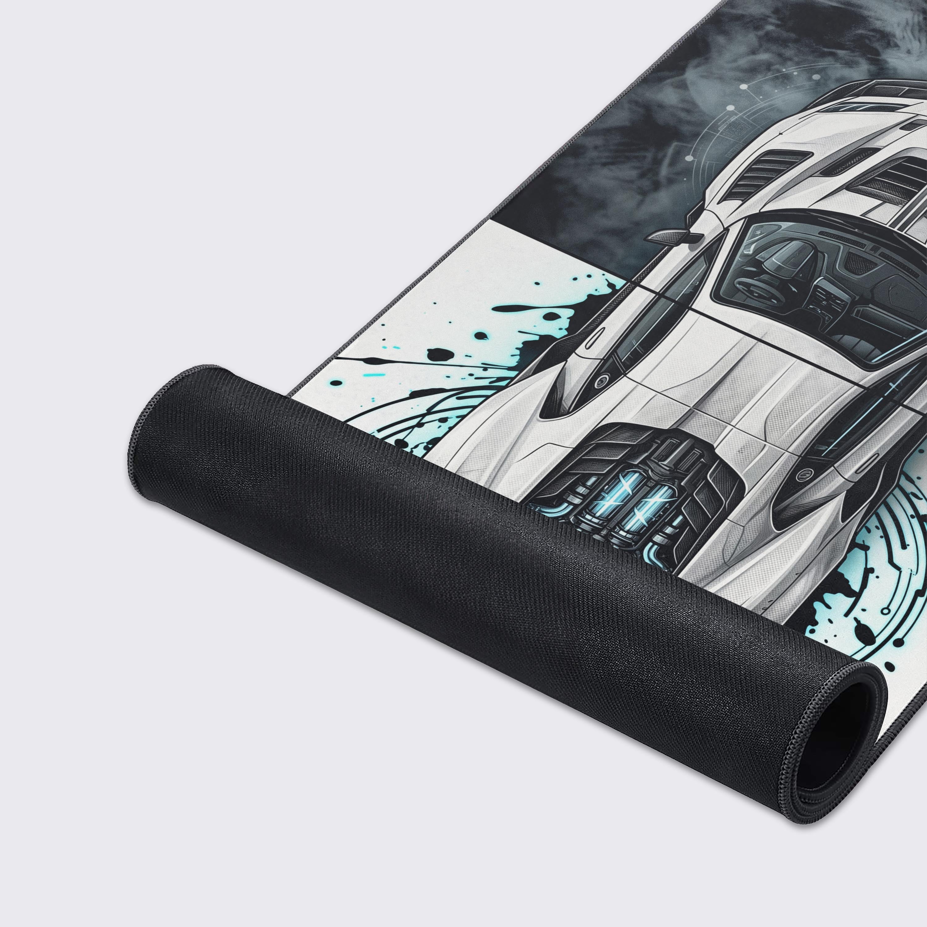 Wide view of the cyberpunk racing gaming desk mat with smoke and blueprint graphics.