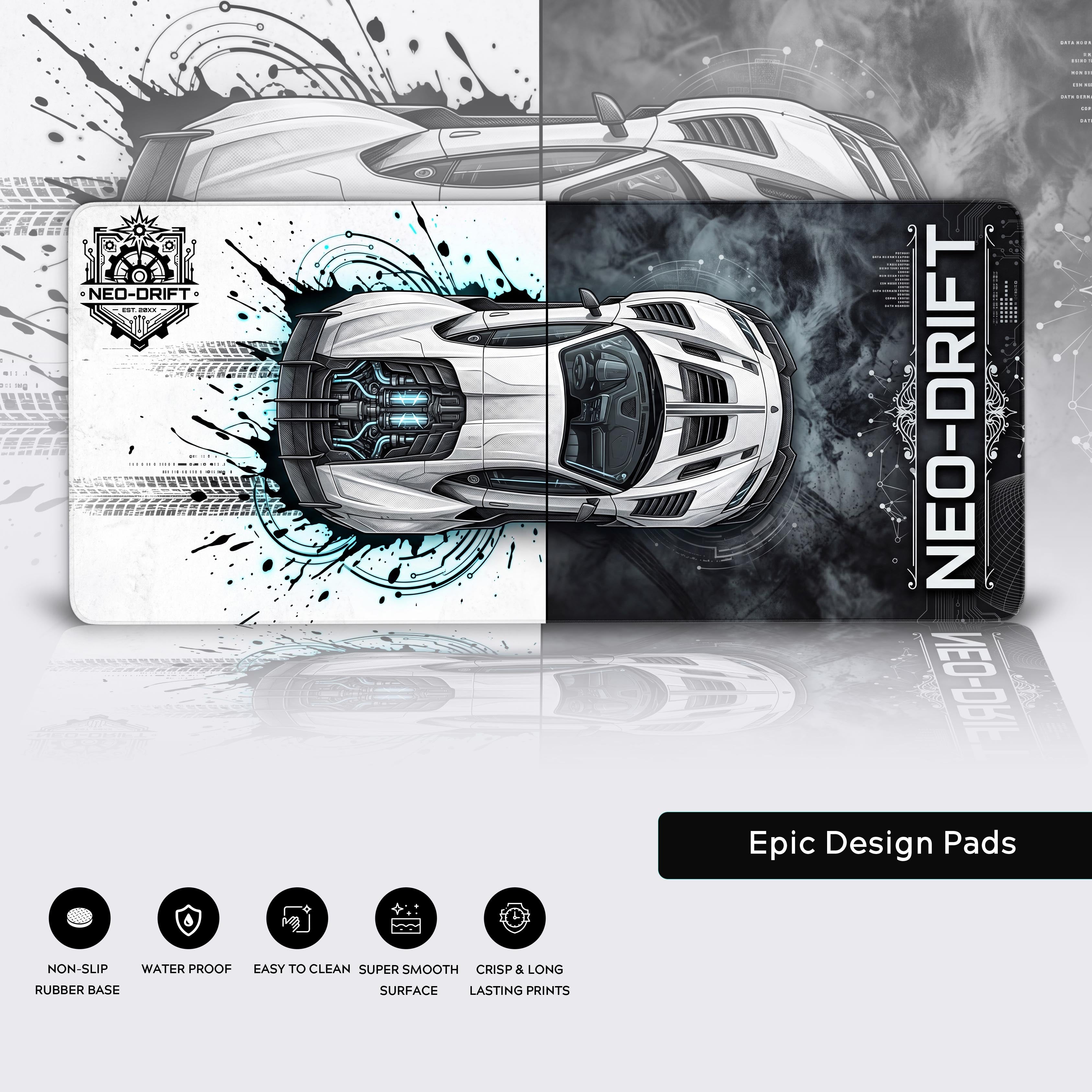 Feature breakdown of the Neo-Drift desk mat showing non-slip, waterproof, and easy to clean icons.