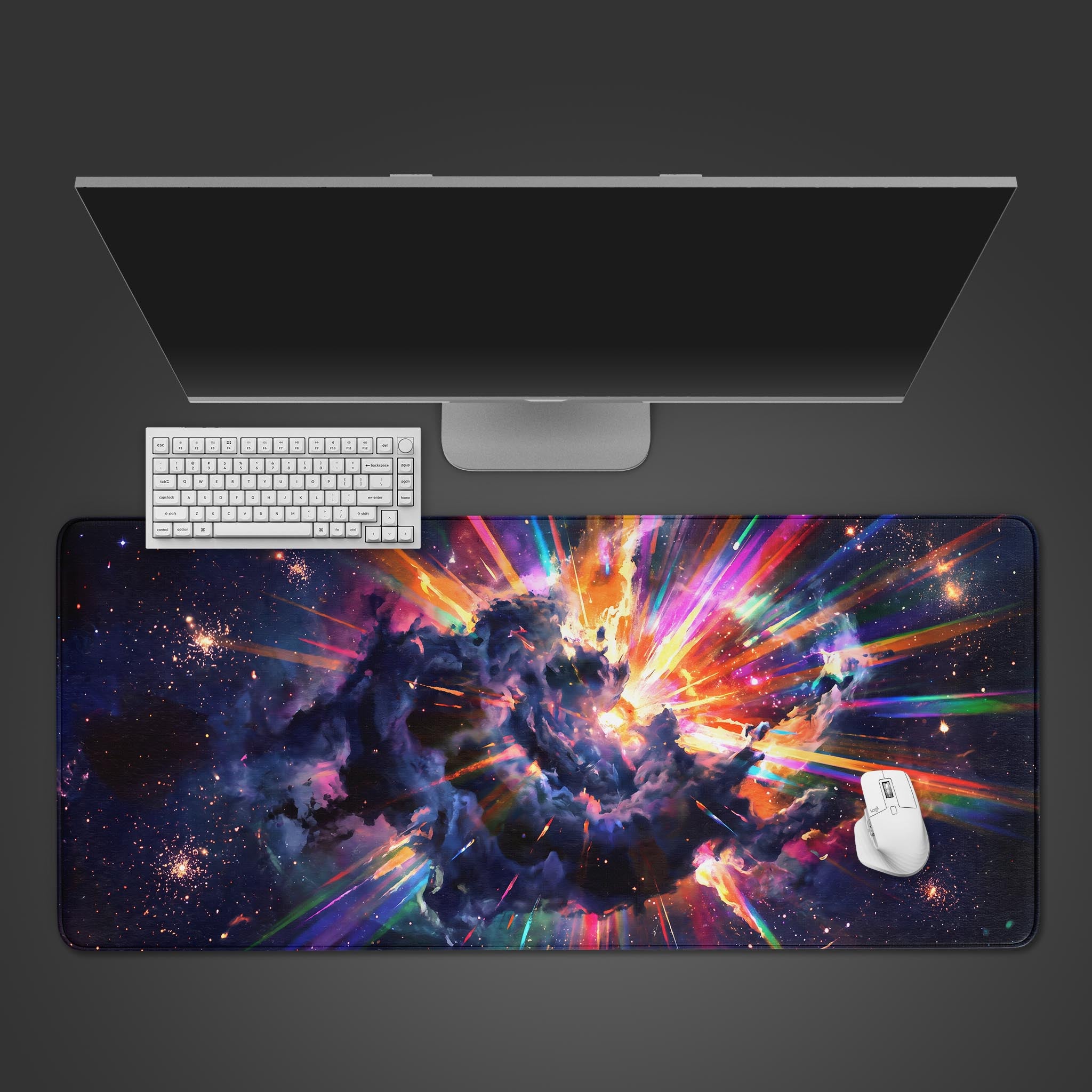 Vibrant supernova explosion desk mat featuring rainbow light rays and dark space clouds
