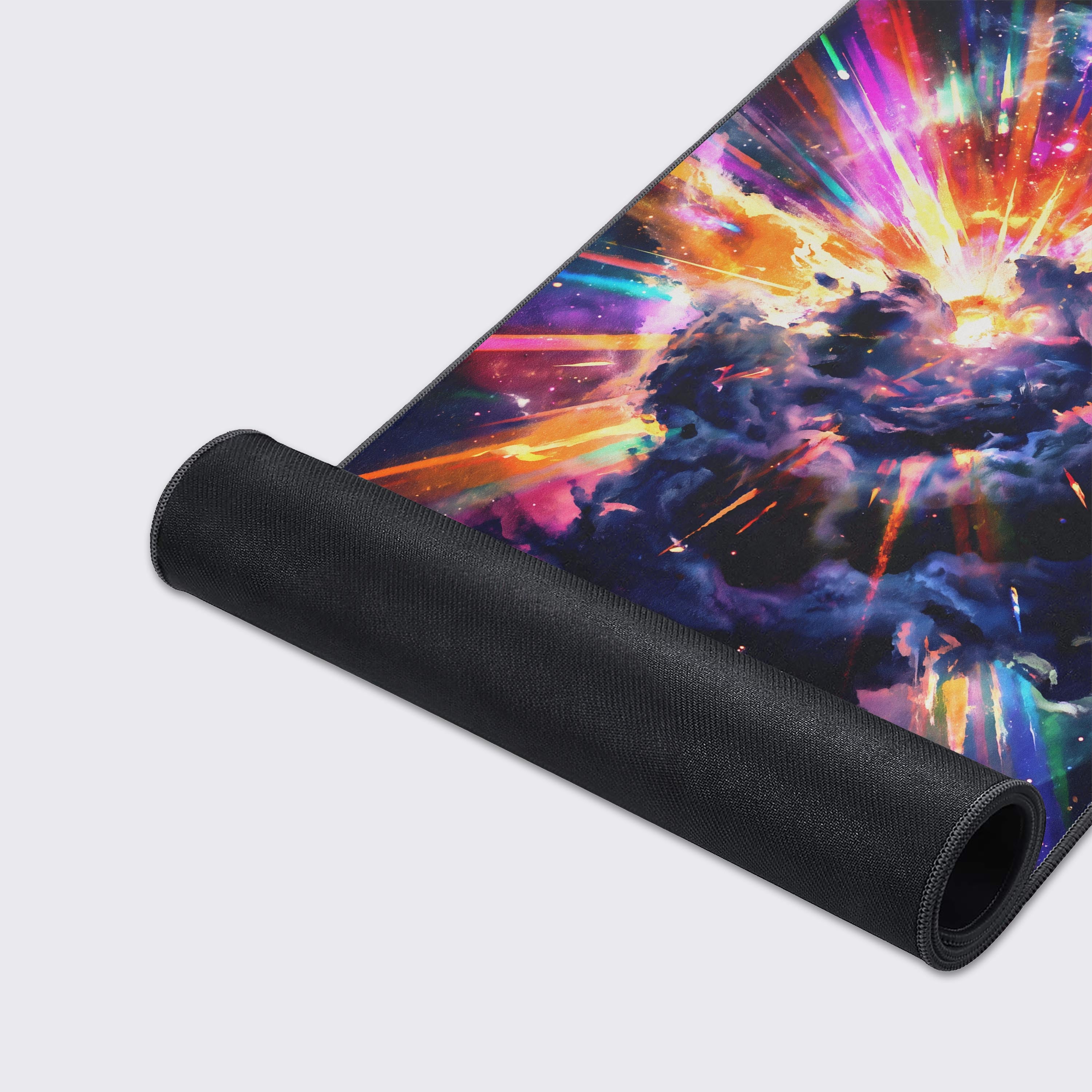 Supernova space explosion desk mat showcasing waterproof and non-slip rubber base features