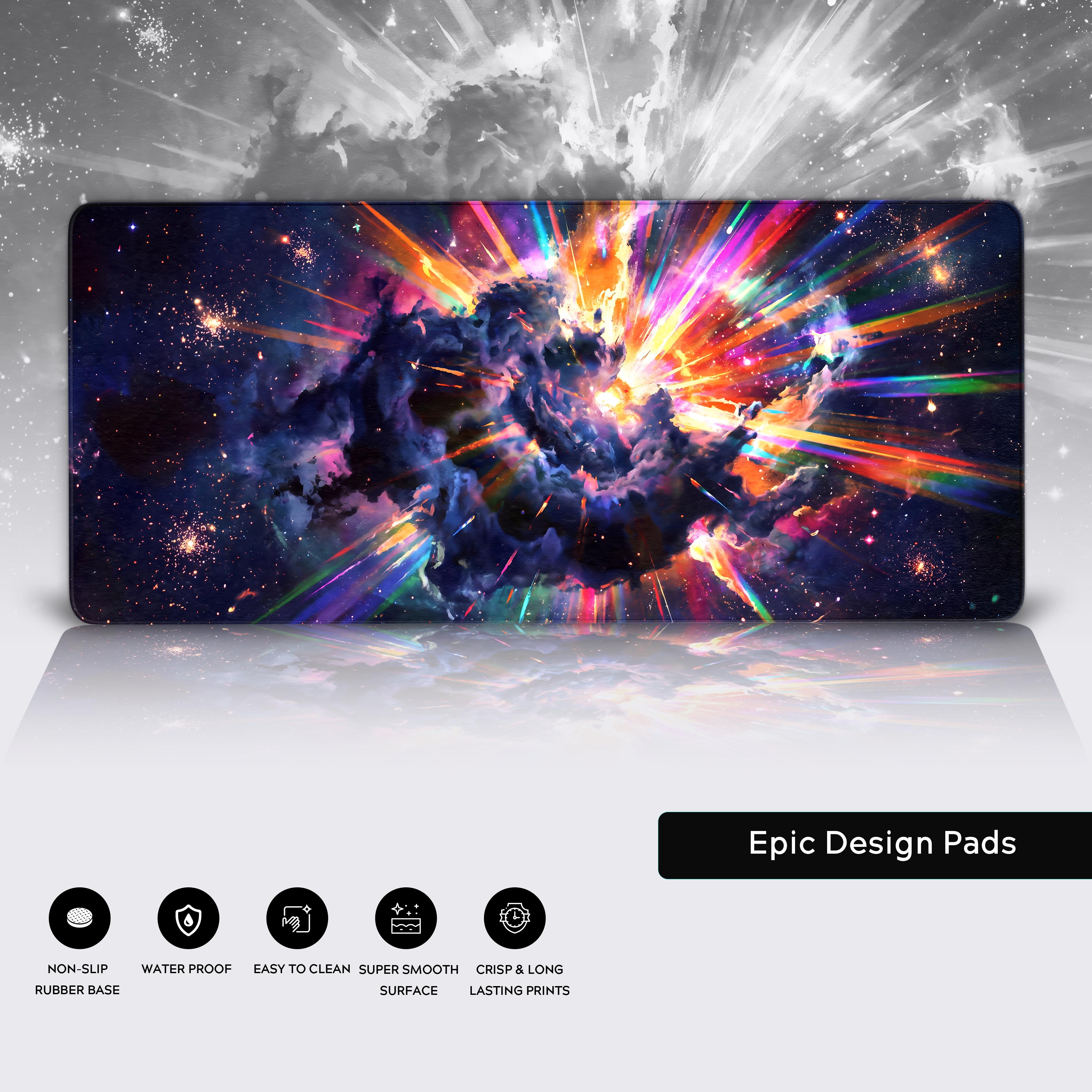 Epic vibrant galaxy desk mat transforming a computer gaming setup