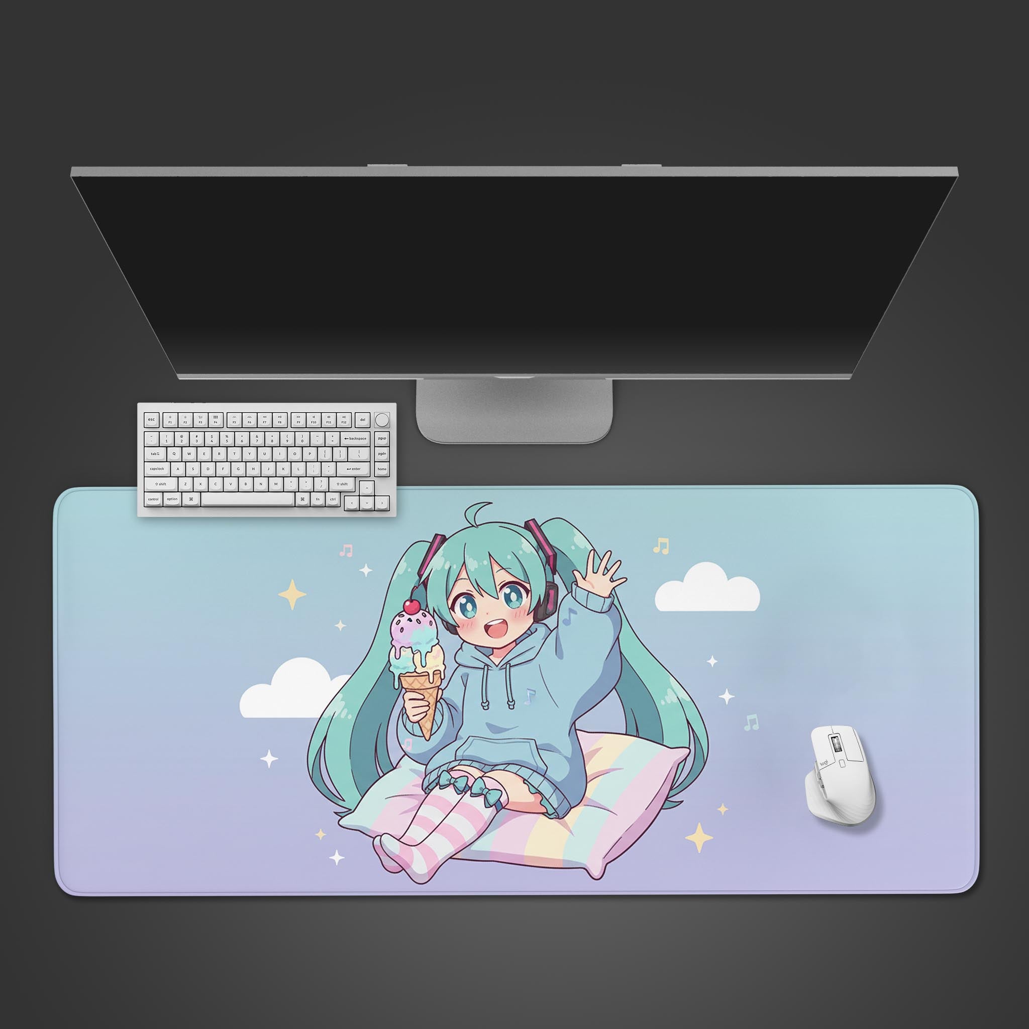 Kawaii anime desk mat featuring a Miku-inspired character with ice cream. Top-down view on a desk with a pastel pink keyboard and white mouse. - Epic Design Pads