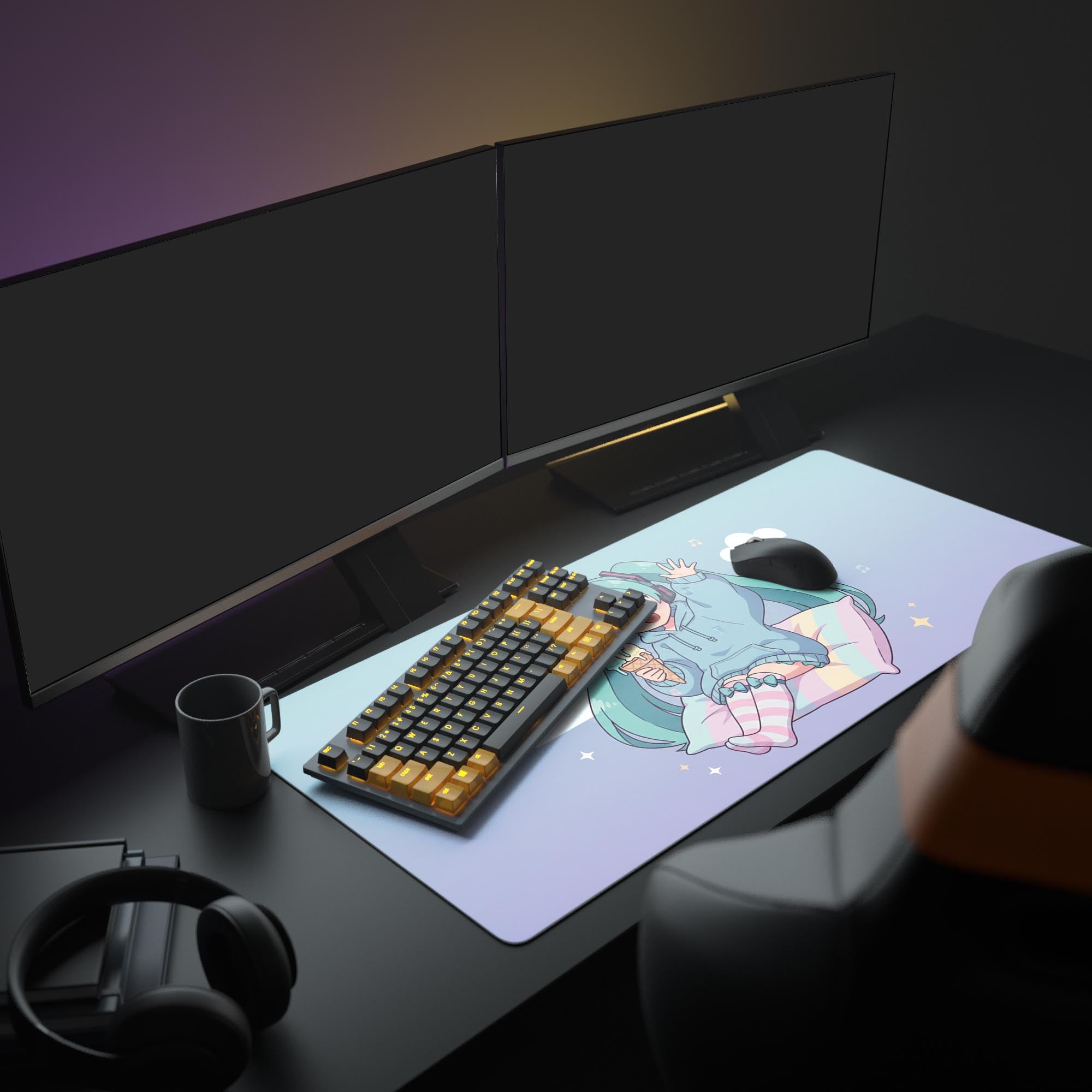 Large kawaii anime desk mat in a pastel gaming setup with dual monitors, headphones, and a mechanical keyboard, creating a dreamy aesthetic. - Epic Design Pads