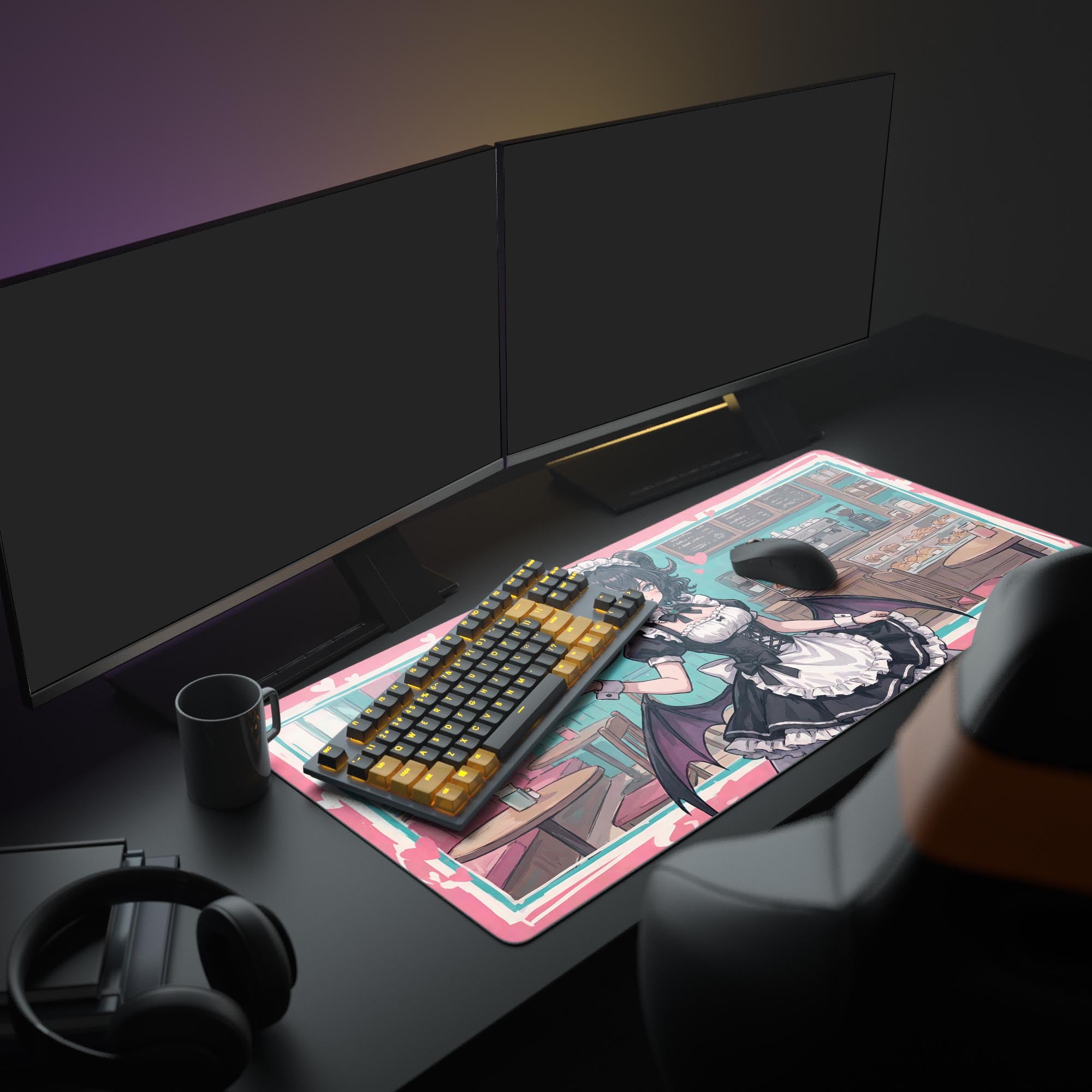A full PC gaming setup featuring the 'Sweet Sin' anime mouse pad, which adds a vibrant pastel and retro aesthetic to the desk with a monitor and peripherals. - Epic Design Pads & Mousepads